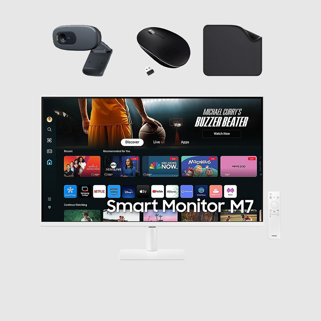 Samsung 32" Smart Business Monitor M70D - Multi Device Experience, 32-Inch Screen, Sleek White Design - Includes C270 HD WebCam + Wireless Mouse + Mouse Pad (LS32DM703UMXUE)