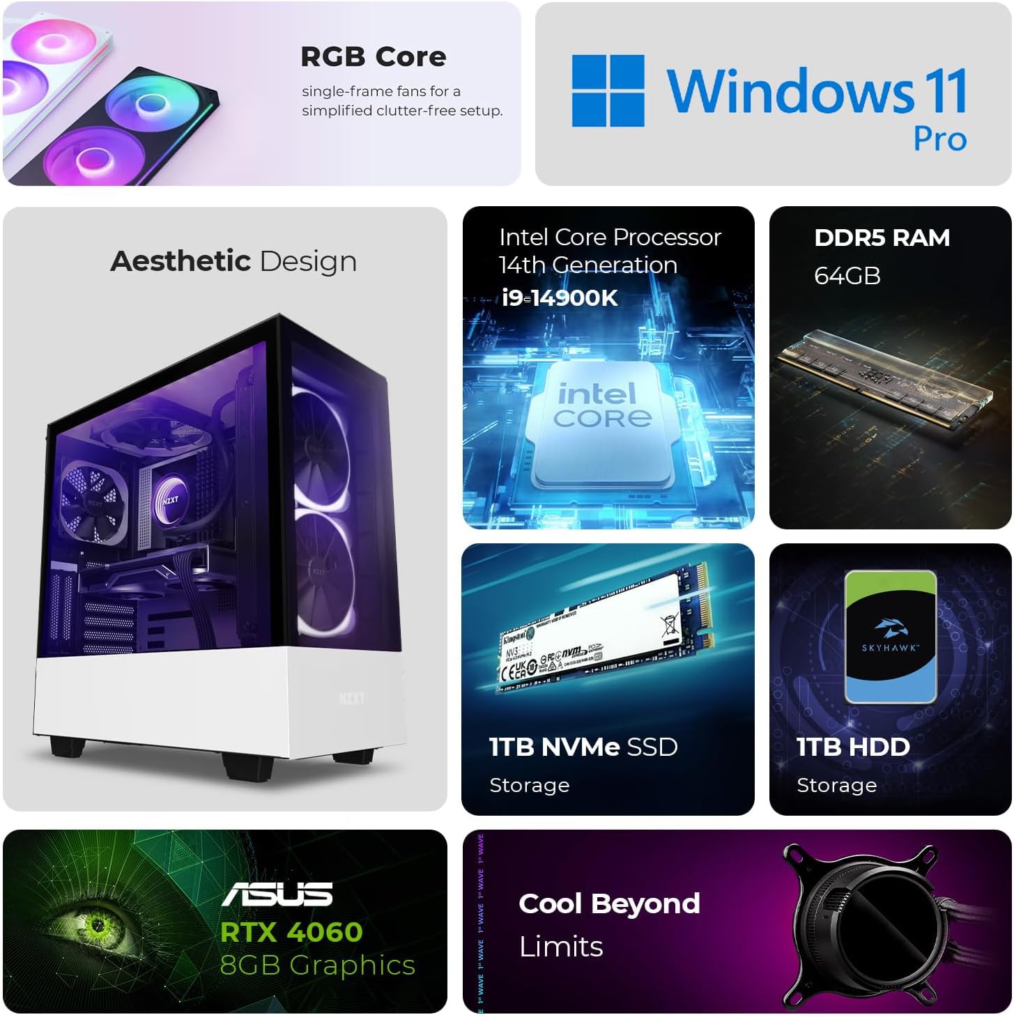 FIRST WAVE Xtreme Workstation PC - Intel Core i9-14900K, 64GB DDR5 RAM, 1TB NVMe SSD + 1TB HDD, ASUS RTX4060 8GB Graphics - Win11 Pro, 1+1 Year Warranty For 3D Modelling, Deep Learning (White)