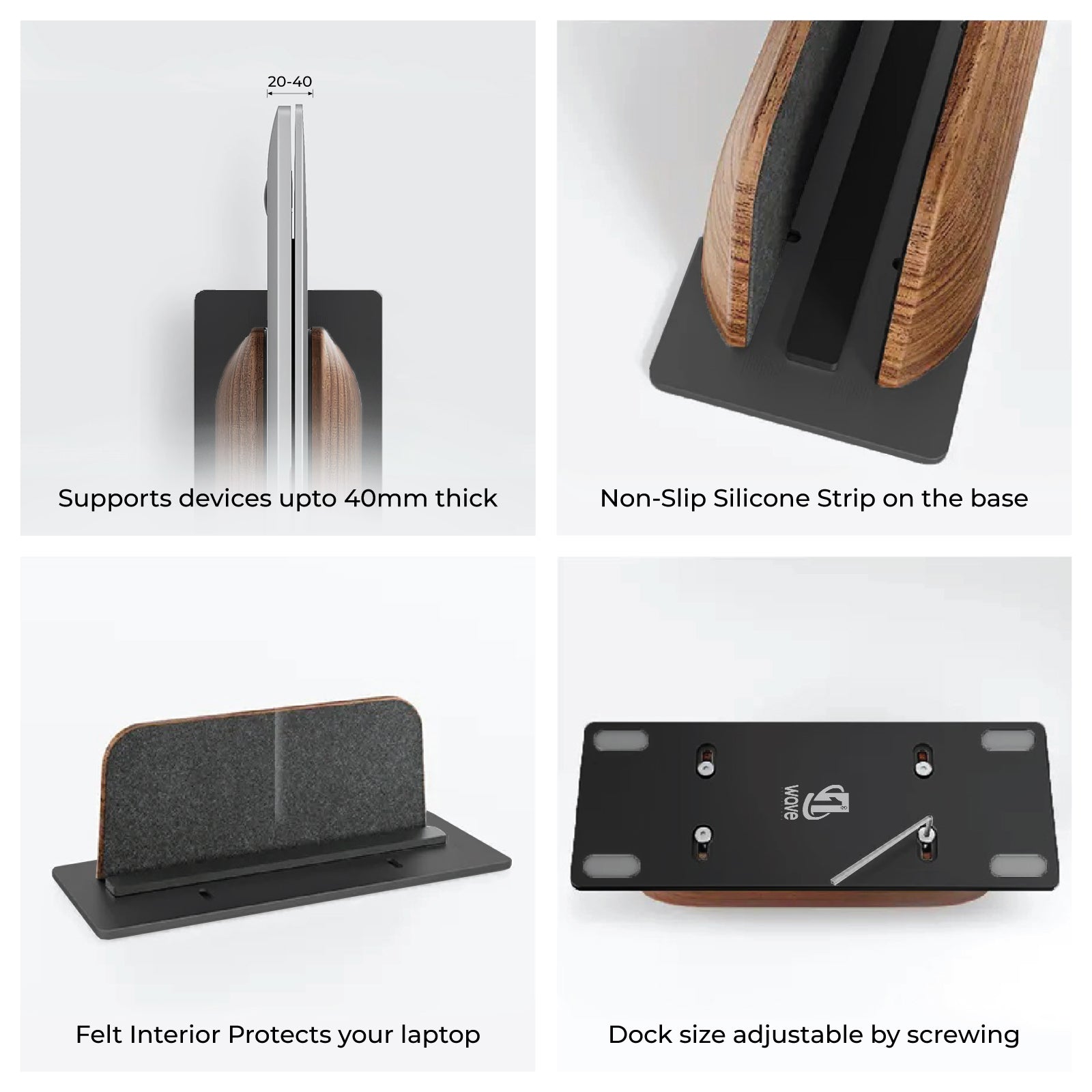First Wave Vertical Laptop Stand – Premium Black Walnut Wood Dock for MacBook, MacBook Pro & All Laptops 13/14/15/15.6/17 inches – Space-Saving Wooden Laptop Holder for Desk Organization & Cooling