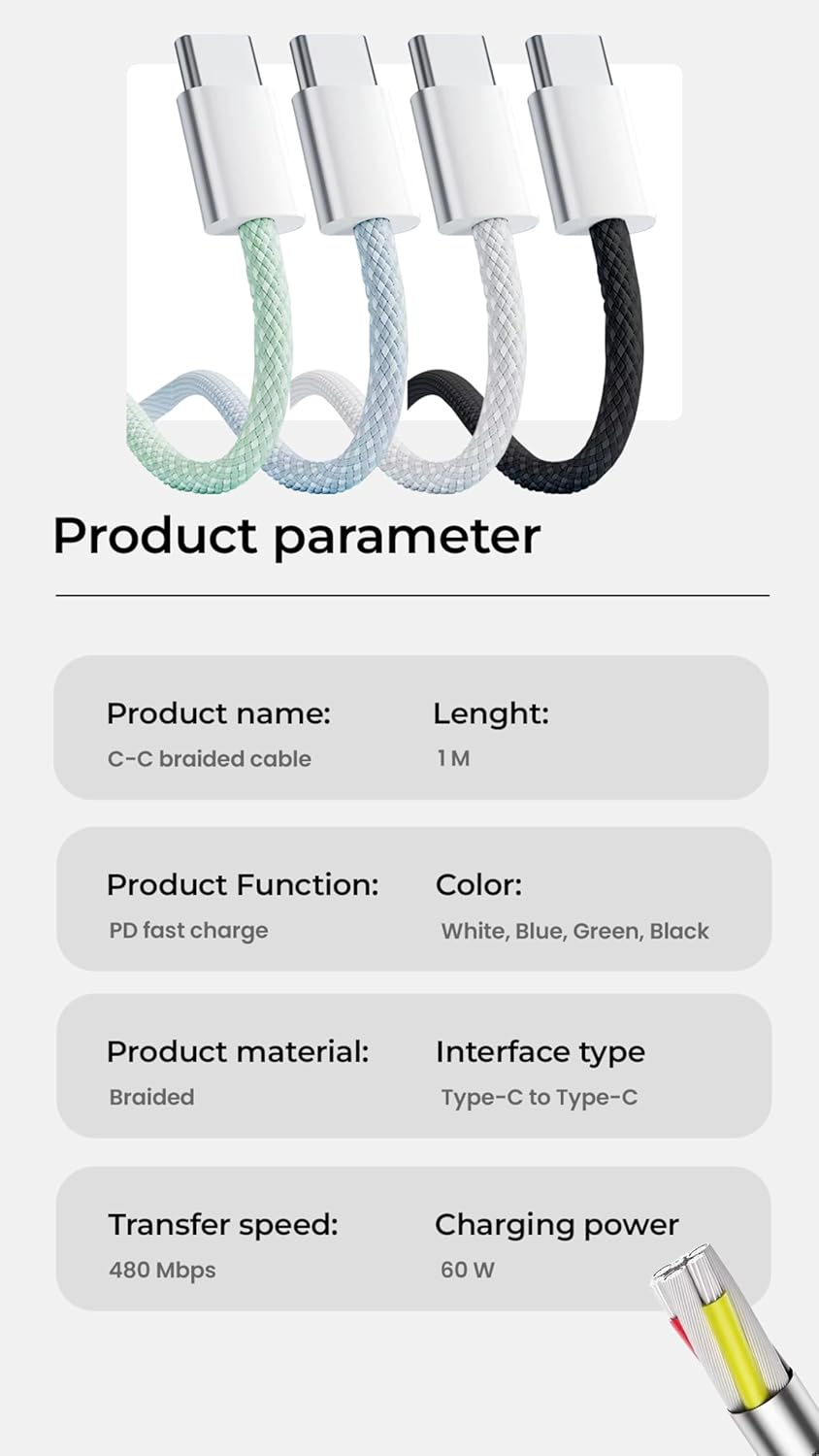 FIRST WAVE USB C Cable 1M, 60W Braided USB C to Type C, Data Transfer & PD Fasting Charging Compatible for iPhone 16 Pro Max/MacBook/Tablets/Galaxy S25 Ultra/Samsung/Huawei/Xiaomi