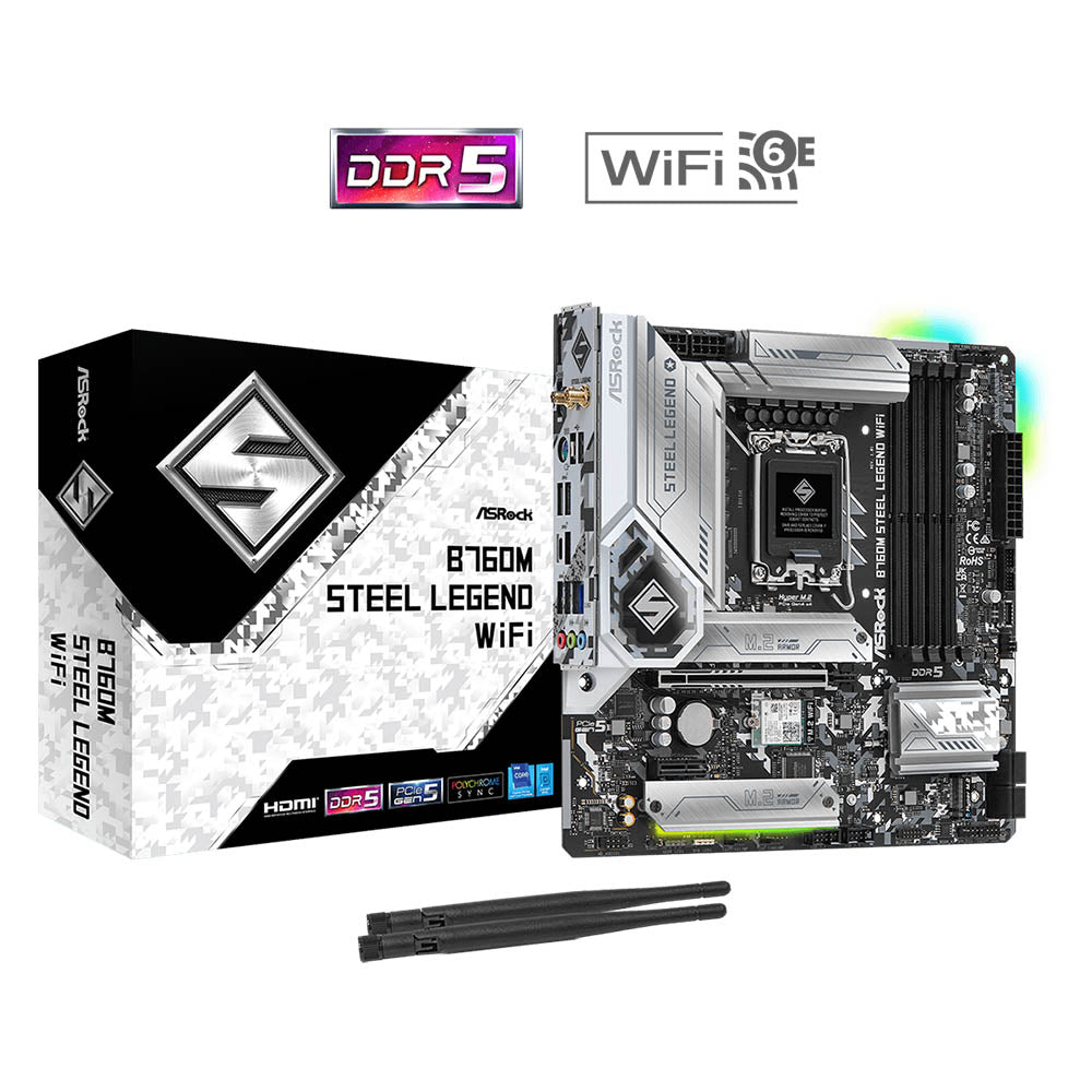 ASROCK B760M Steel Legend WiFi D5 mATX Motherboard – Intel 12th/13th Gen, DDR5, PCIe 5.0, Wi-Fi 6, 2.5G LAN, RGB Sync