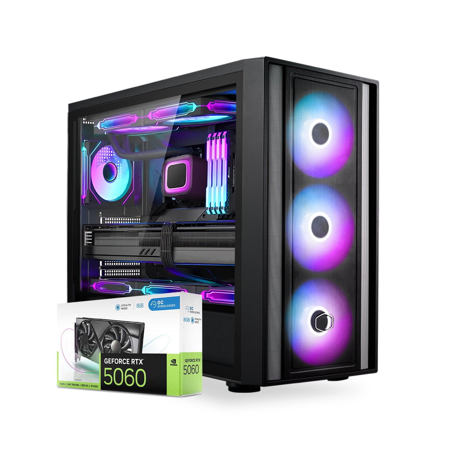 First Wave Nightstalker Gaming PC – Intel Core i5-14th Gen, RTX 5060 8GB, 16,32,64GB DDR5 6000MHz RGB, 1TB NVMe Gen4 SSD + 1TB SATA SSD, ASUS PRIME H610M-A WiFi DDR5, 240mm Liquid Cooler, 750W Modular PSU, Masterbox 600 Black Case