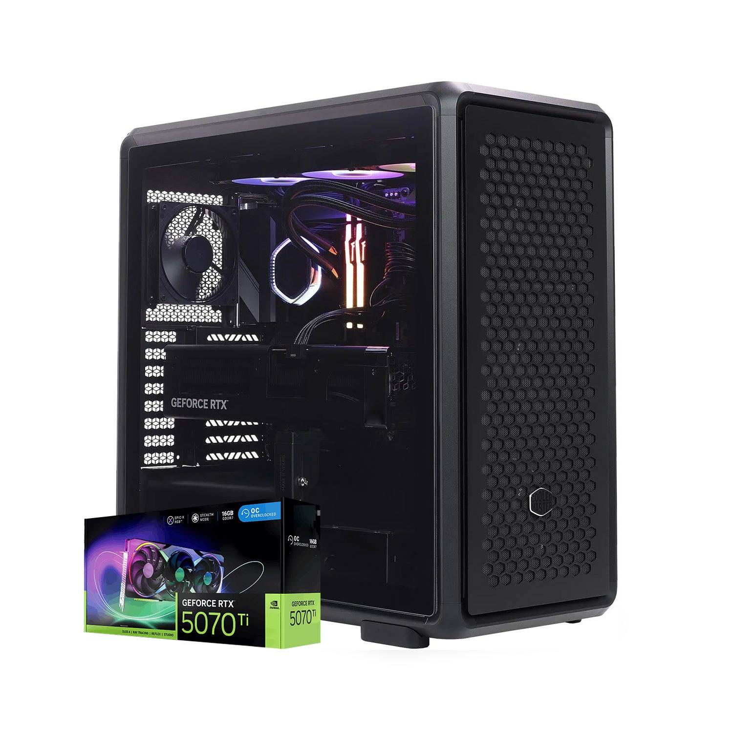 First Wave Fallen Star Gaming PC, Intel Ultra 9 285K, RTX 5070 Ti  , 16,32,64GB DDR5 6000MHz RGB, 1TB NVMe Gen4 + 1TB SSD, 360mm Liquid Cooler, Modular PSU, Open-Frame Chassis