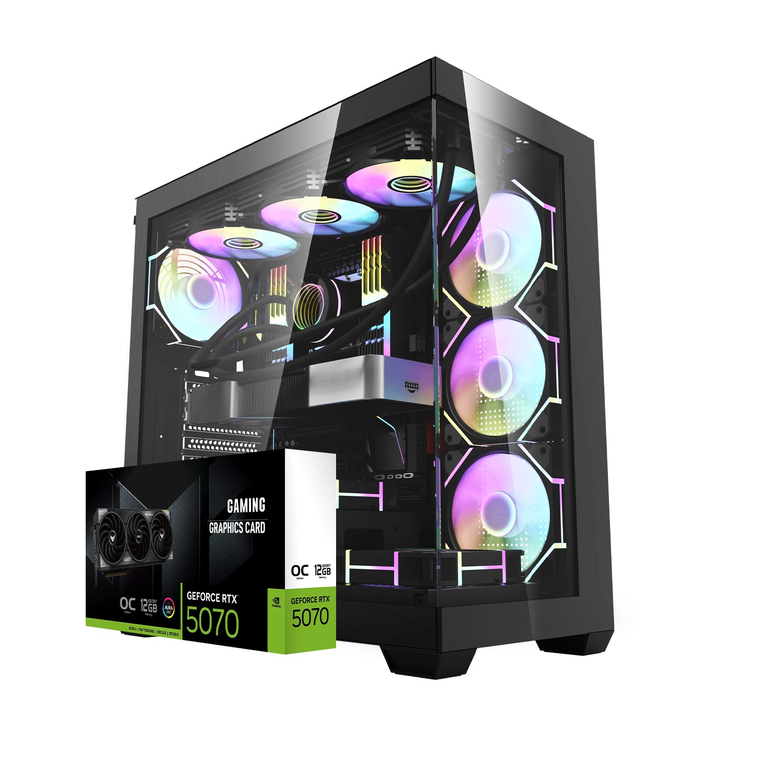 First Wave Stormcore-X Gaming PC, Ryzen™ 7 9800X3D, RTX™ 5070 12GB, 16,32,64GB DDR5 6000MHz RGB, 1TB NVMe Gen4 + 1TB SSD, 750W PSU, 360mm Liquid Cooling, WiFi, ATX Case