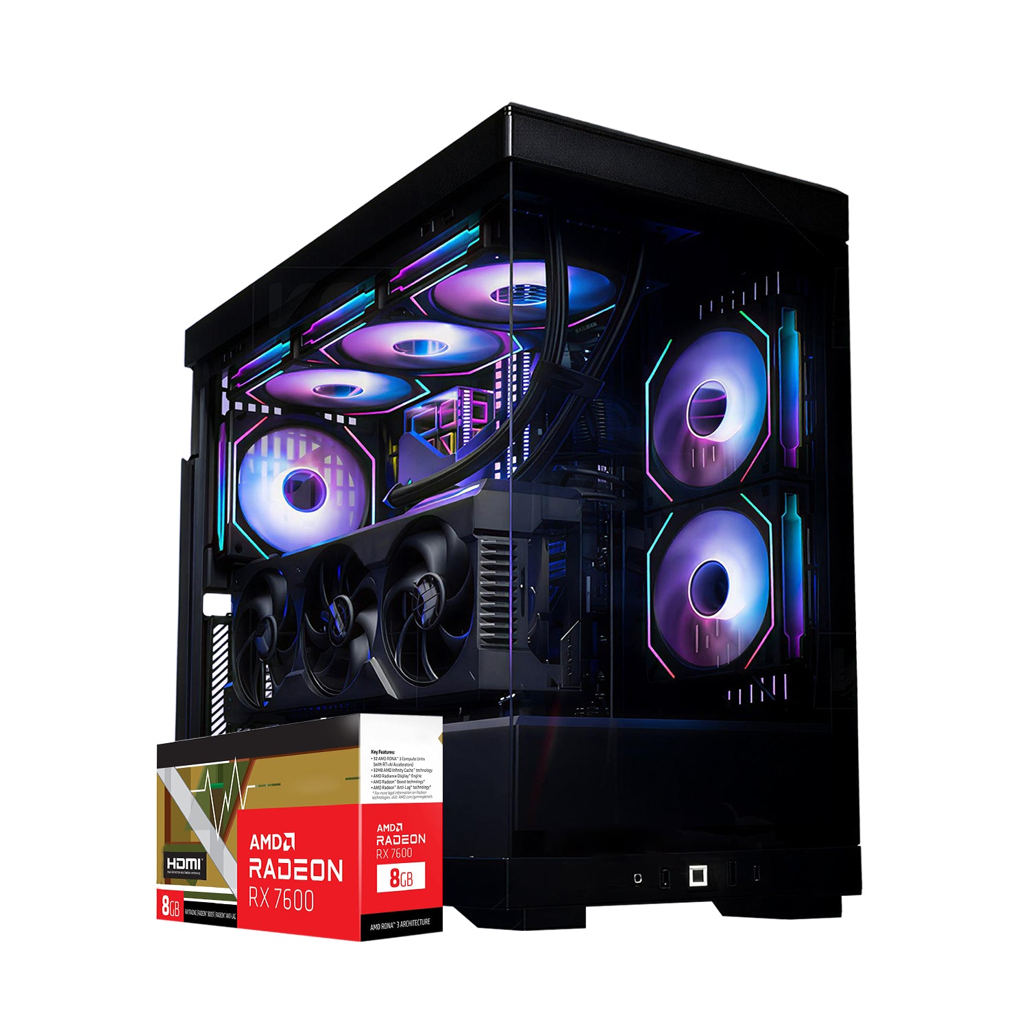 First Wave Reaper Gaming PC – Ryzen 7 7700 Desktop, RX 7600 8GB GPU, 16,32,64GB DDR5 6000MT/s RAM, 1TB NVMe Gen4 SSD, 360mm Liquid Cooler, 750W Modular PSU, HYTE Y40 Tempered Glass Case