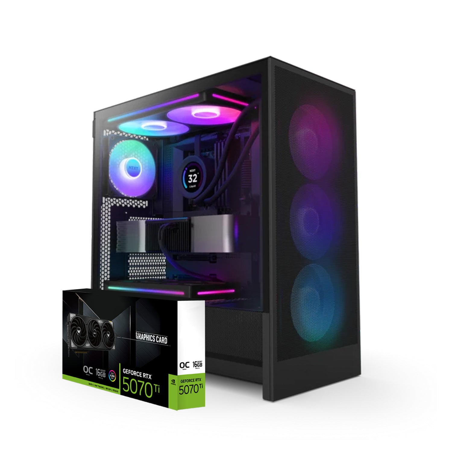 First Wave Hexcore Gaming PC – Intel Core i9-14th Gen, RTX 5070 Ti 8GB, 16,32,64GB DDR5 6000MHz, 1TB NVMe Gen4 SSD + 1TB SATA SSD, 360mm Liquid Cooler, 850W Fully Modular PSU, All-Black RGB Gaming Case