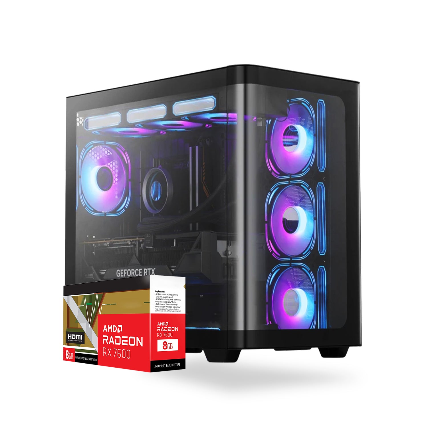 First Wave Celestial Core Gaming PC – Ryzen 5 7600 Desktop, RX 7600 8GB Graphics, 16,32,64GB DDR5 6000MT/s RAM, 1TB NVMe Gen4 SSD, 240mm Liquid Cooler, 750W Modular PSU, ATX Gaming Case