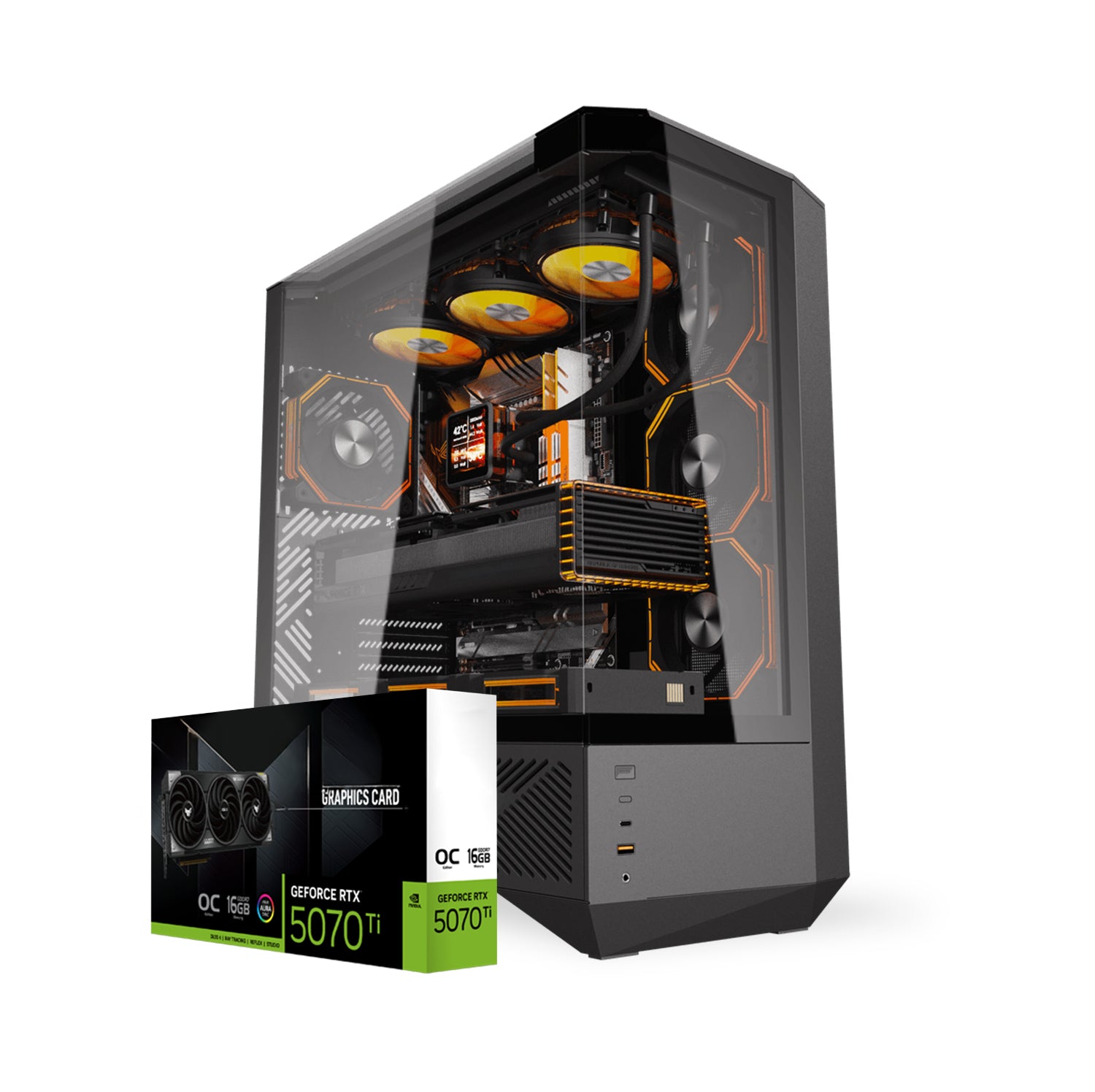 First Wave Shadowbite Gaming PC – Intel Core i9-14th Gen, RTX 5070 Ti 8GB, 16,32,64GB DDR5 6000MHz, 1TB NVMe Gen4 SSD + 1TB SATA SSD, 360mm Liquid Cooler, 850W Fully Modular PSU, Black/Red Tower Gaming Case