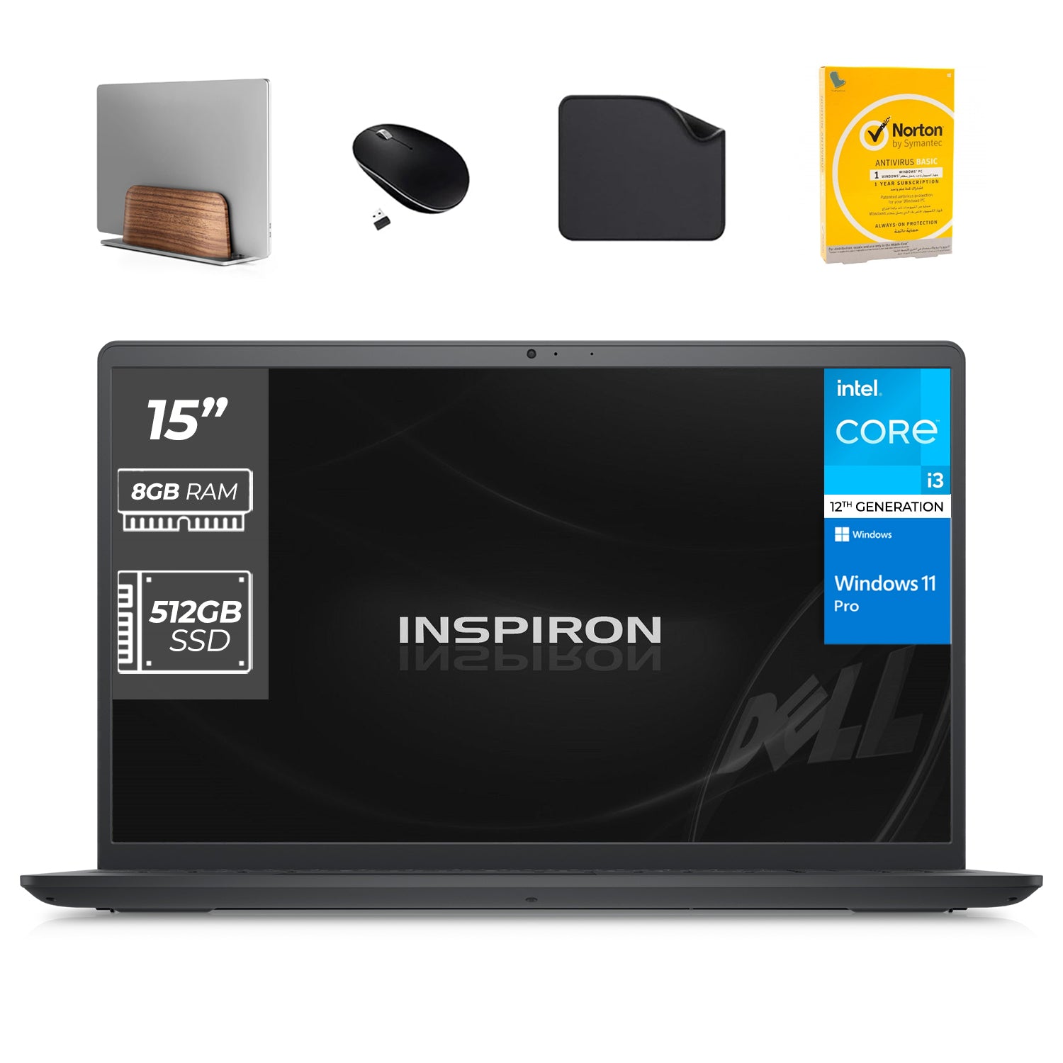 Dell Student Laptop Inspiron 3520, 12th Generation Intel i3-1215U, Win11 Pro, HD Webcam, 15.6 Display (Includes 1st Wave Laptop Stand + Wireless Mouse + Mouse pad + Antivirus) - 8GB RAM, 512GB SSD