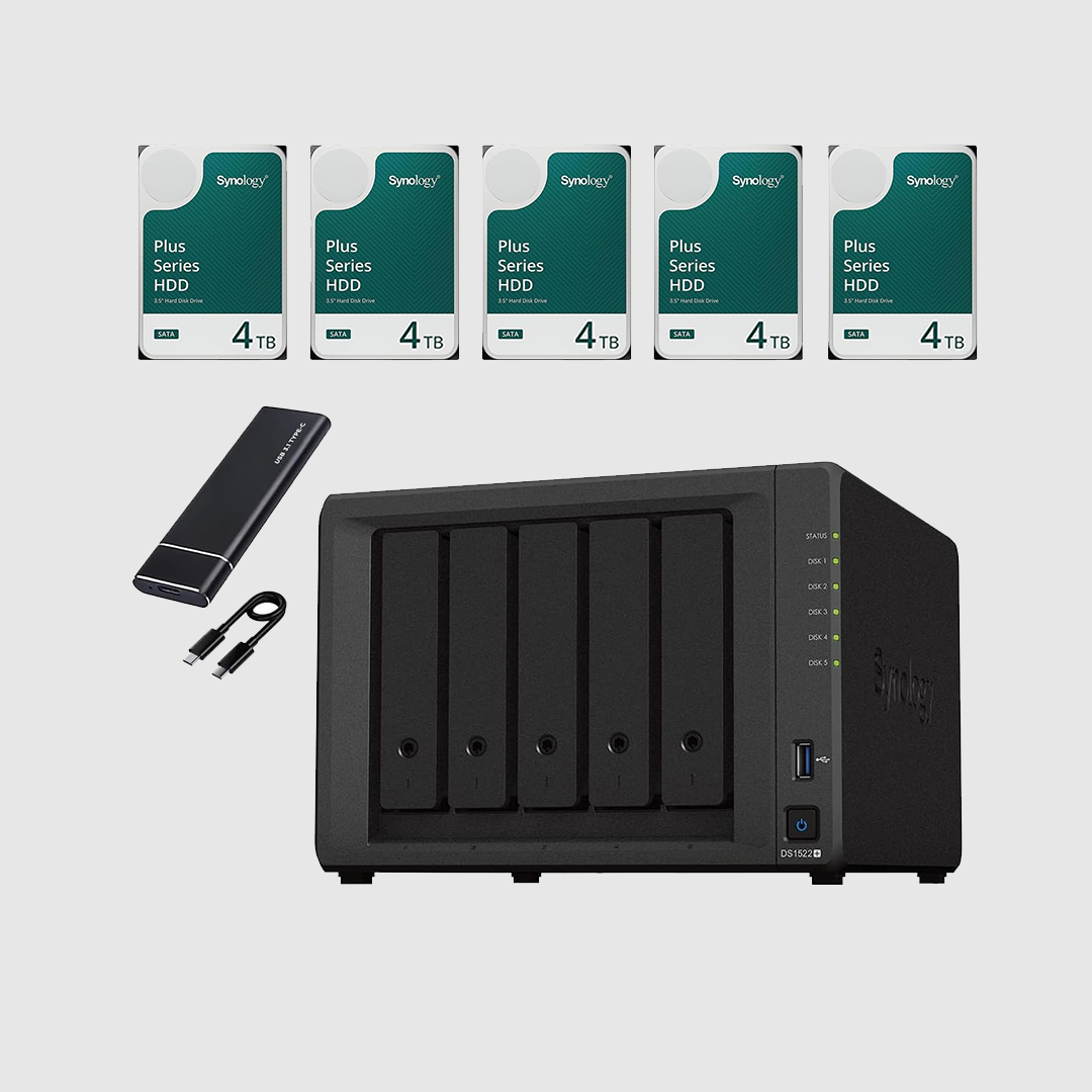 Synology DS1522+ NAS Server Bundle 5 Bay (16GB RAM, 20TB Storage) - 5x4TB Synology NAS HDDs, High-Performance Desktop Network Storage Device - Includes External SSD 512GB