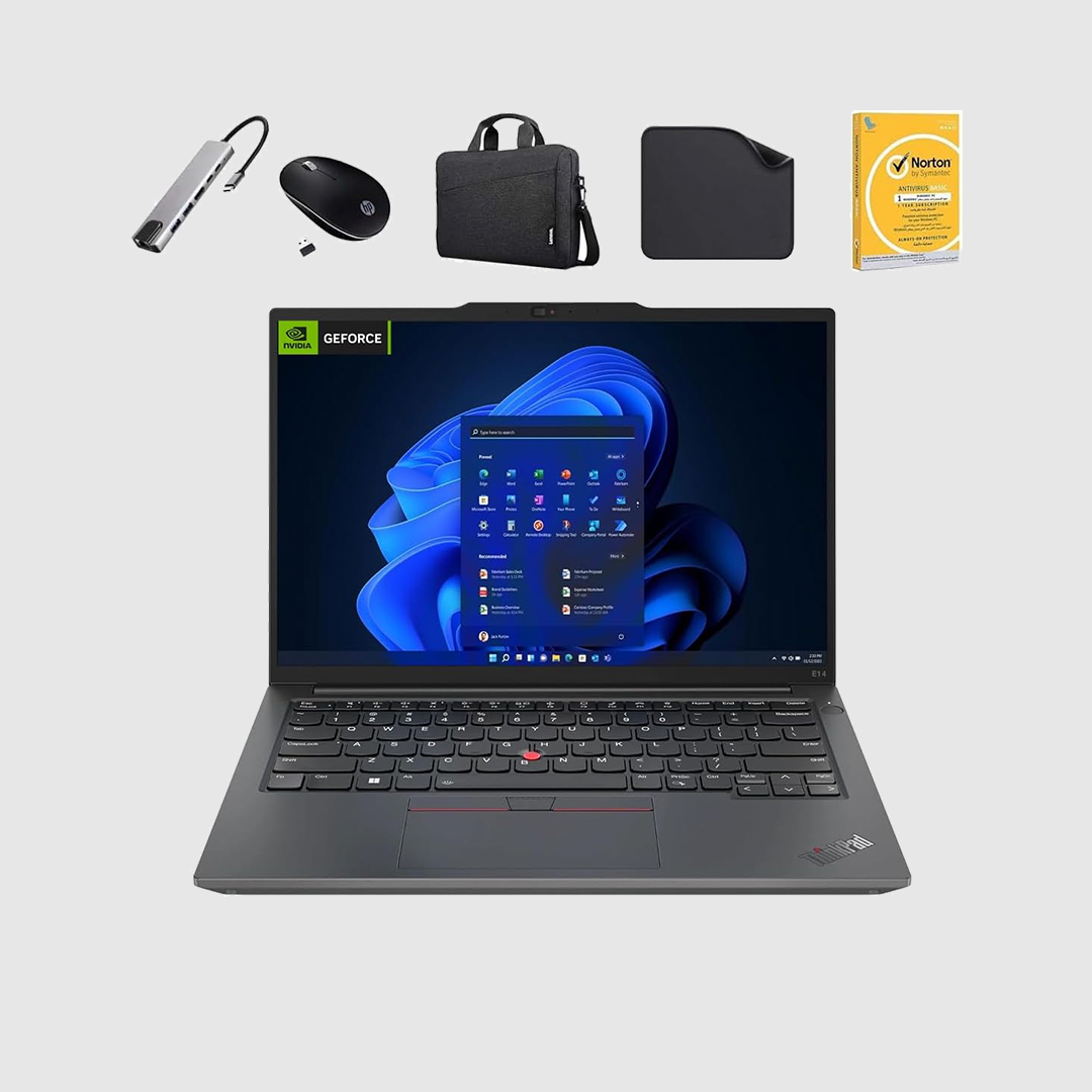 Lenovo Business Laptop ThinkPad E14 Gen 5 - FREE 8 in 1 HUB + Wireless Mouse + Bag + Antivirus + Mouse Pad | Intel Core i5-1335U, 16GB RAM + 1TB SSD, Nvidia 2GB Graphics, Windows 11 Pro (Upgrade)