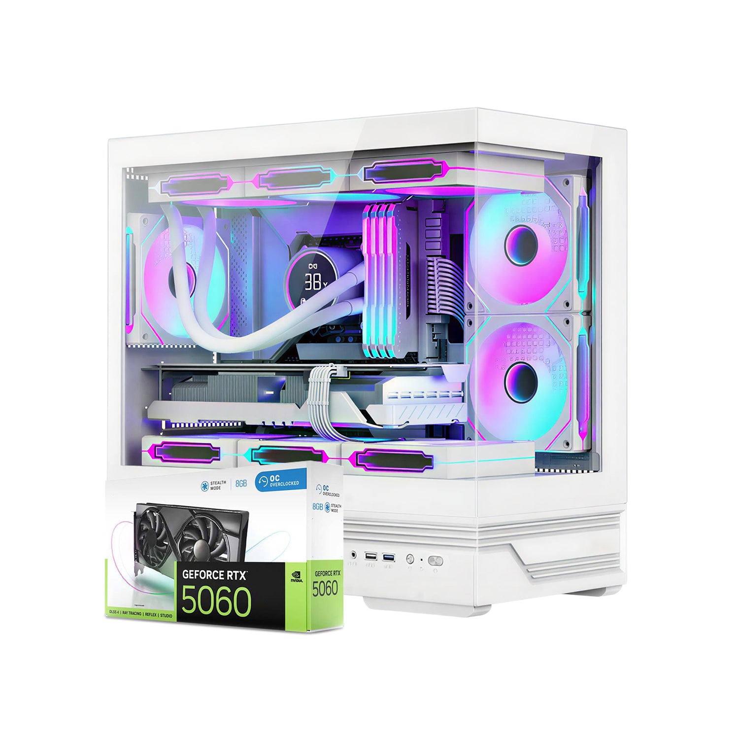 First Wave White Wolf Gaming PC – Intel Core i7 14th Gen, RTX 5060 8GB, 16,32,64GB DDR5 6000MHz, 1TB NVMe Gen4 SSD + 1TB SATA SSD, Liquid Cooled, 750W Modular PSU, White Gaming Case