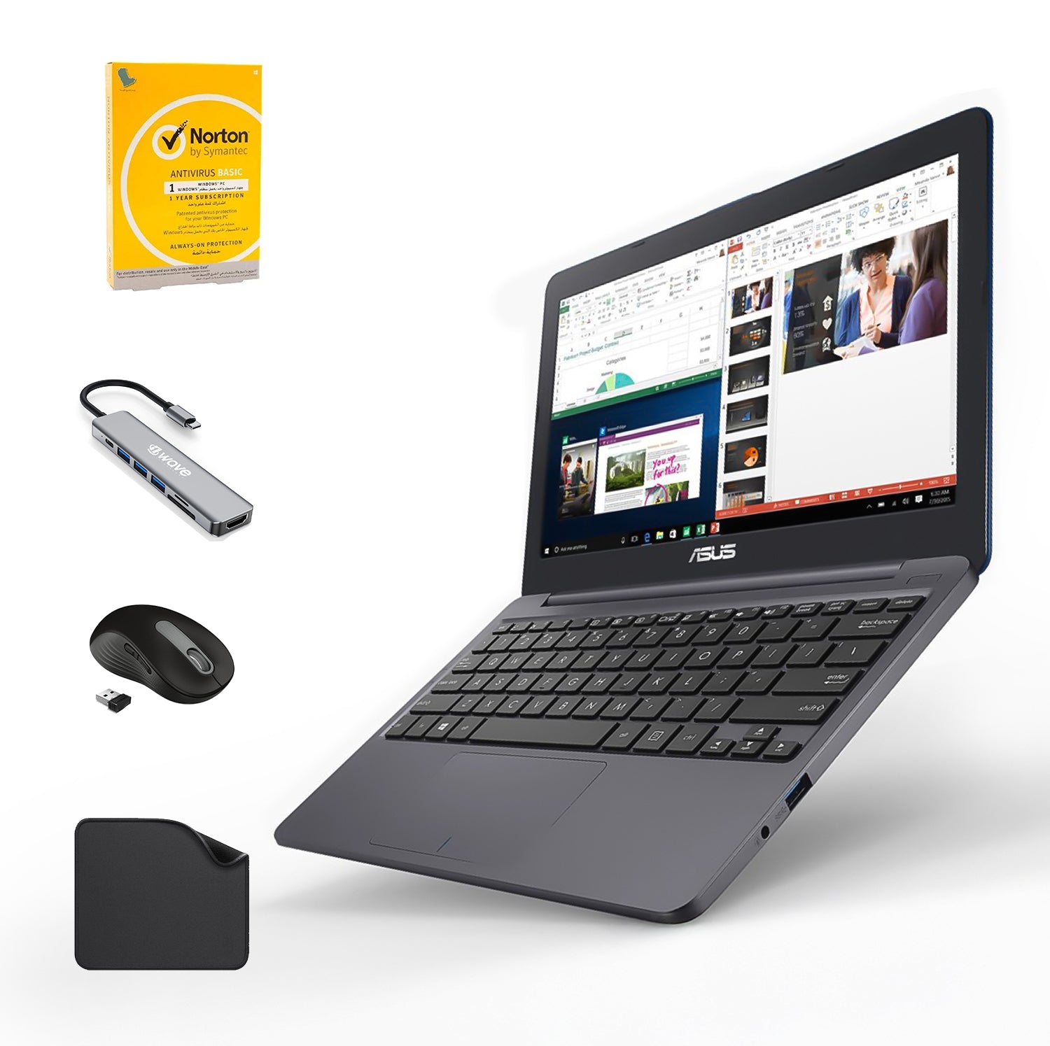 ASUS VivoBook E12 E203NA 11.6” HD Laptop | Intel Celeron N3350 | 4GB RAM | 256GB Storage (128GB eMMC + 128GB MicroSD), Win10, Eng/French KB | Includes 1st Wave 7-in-1 Hub, Antivirus, Mouse & pad