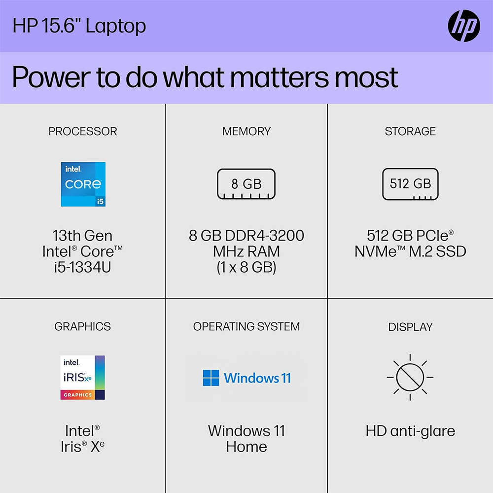 HP 15" Laptop (2024) | HD Display | 13th Gen Intel Core i5-1334U | 8GB RAM | 512GB SSD | Intel Iris Xe Graphics | Windows 11 Home | Model 15-fd