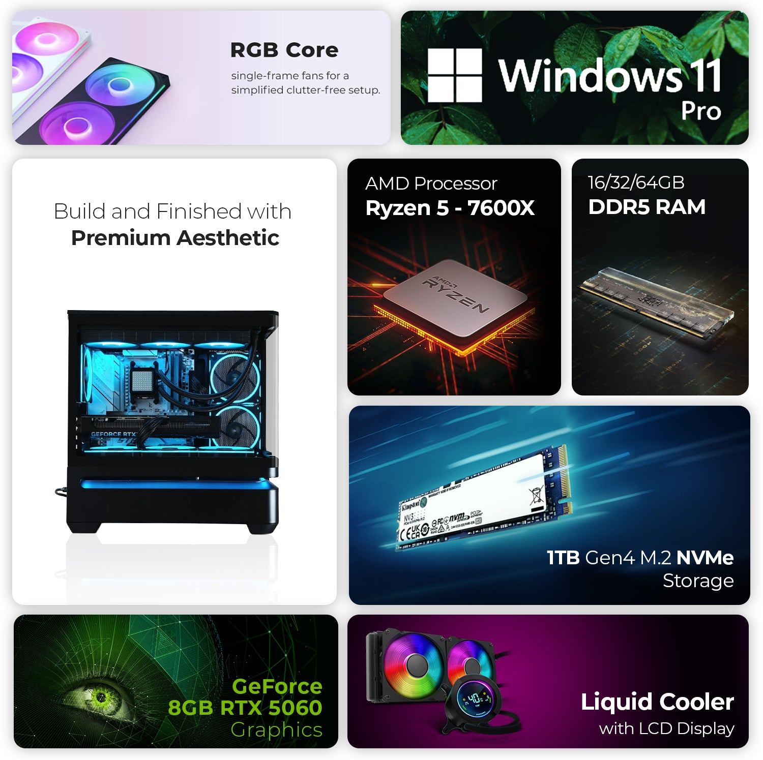 First Wave Warborn Gaming PC – Ryzen 5 7600X Desktop, RTX 5060 8GB Graphics, 16,32,64GB DDR5 6000MT/s RAM, 1TB NVMe SSD, 240mm Liquid Cooler, 750W Modular PSU, Compact ARGB Gaming Case