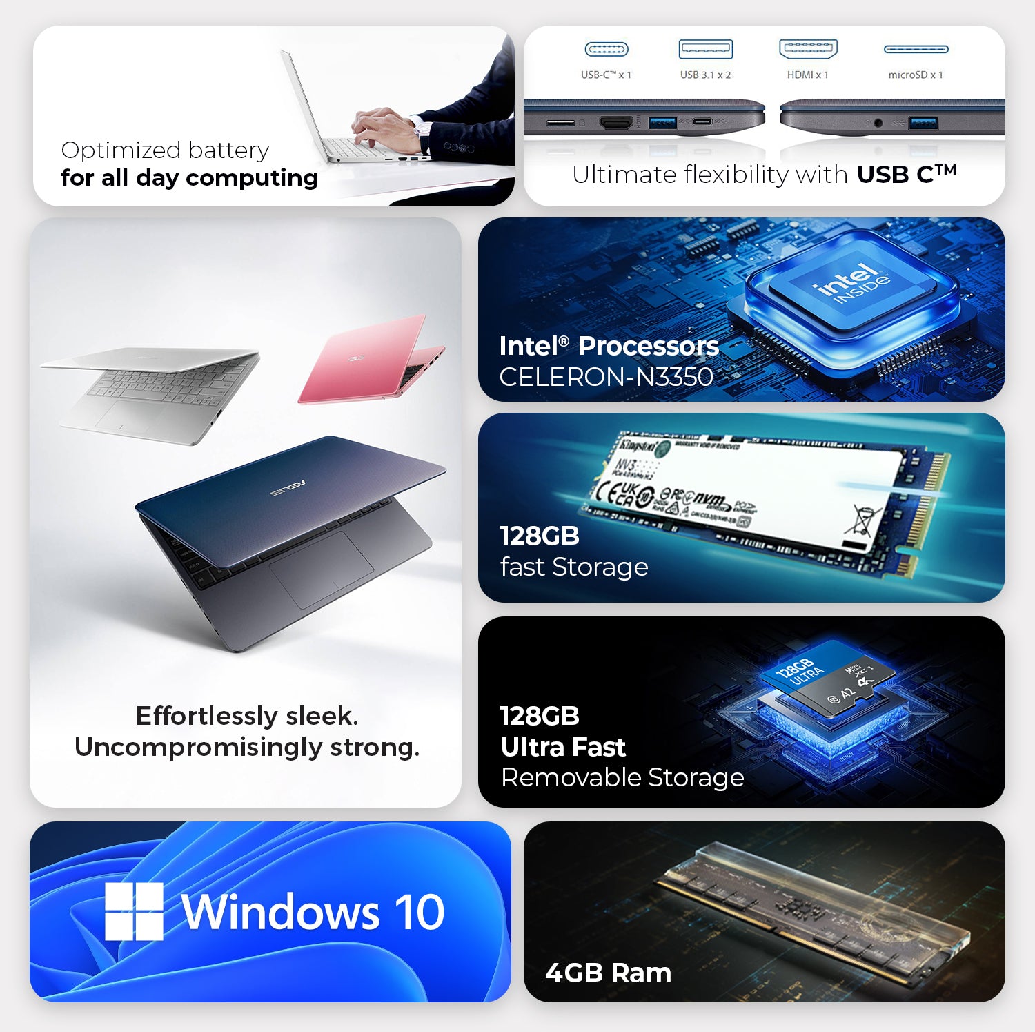 ASUS VivoBook E12 E203NA 11.6” HD Laptop | Intel Celeron N3350 | 4GB RAM | 256GB Storage (128GB eMMC + 128GB MicroSD), Win10, Eng/French KB | Includes 1st Wave 7-in-1 Hub, Antivirus, Mouse & pad