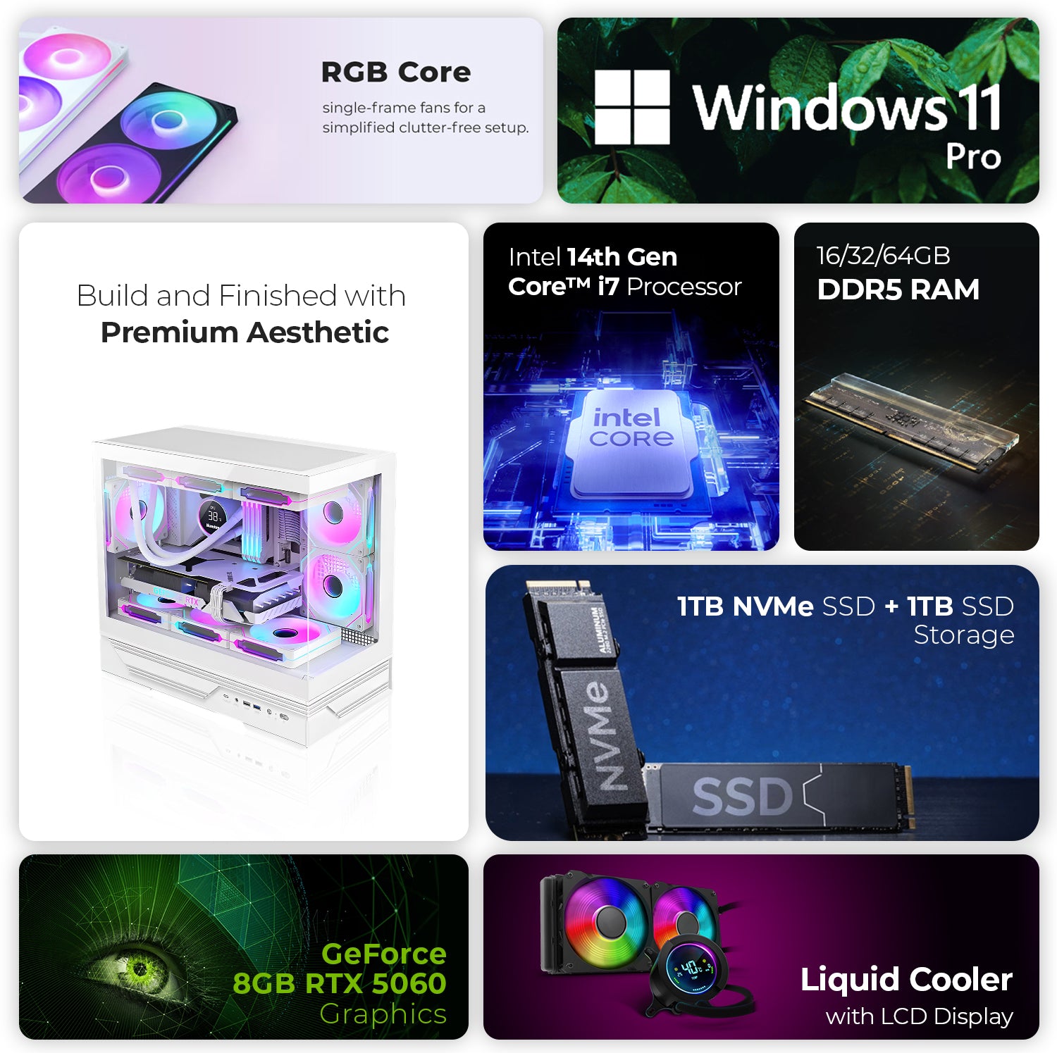 First Wave White Wolf Gaming PC – Intel Core i7 14th Gen, RTX 5060 8GB, 16,32,64GB DDR5 6000MHz, 1TB NVMe Gen4 SSD + 1TB SATA SSD, Liquid Cooled, 750W Modular PSU, White Gaming Case