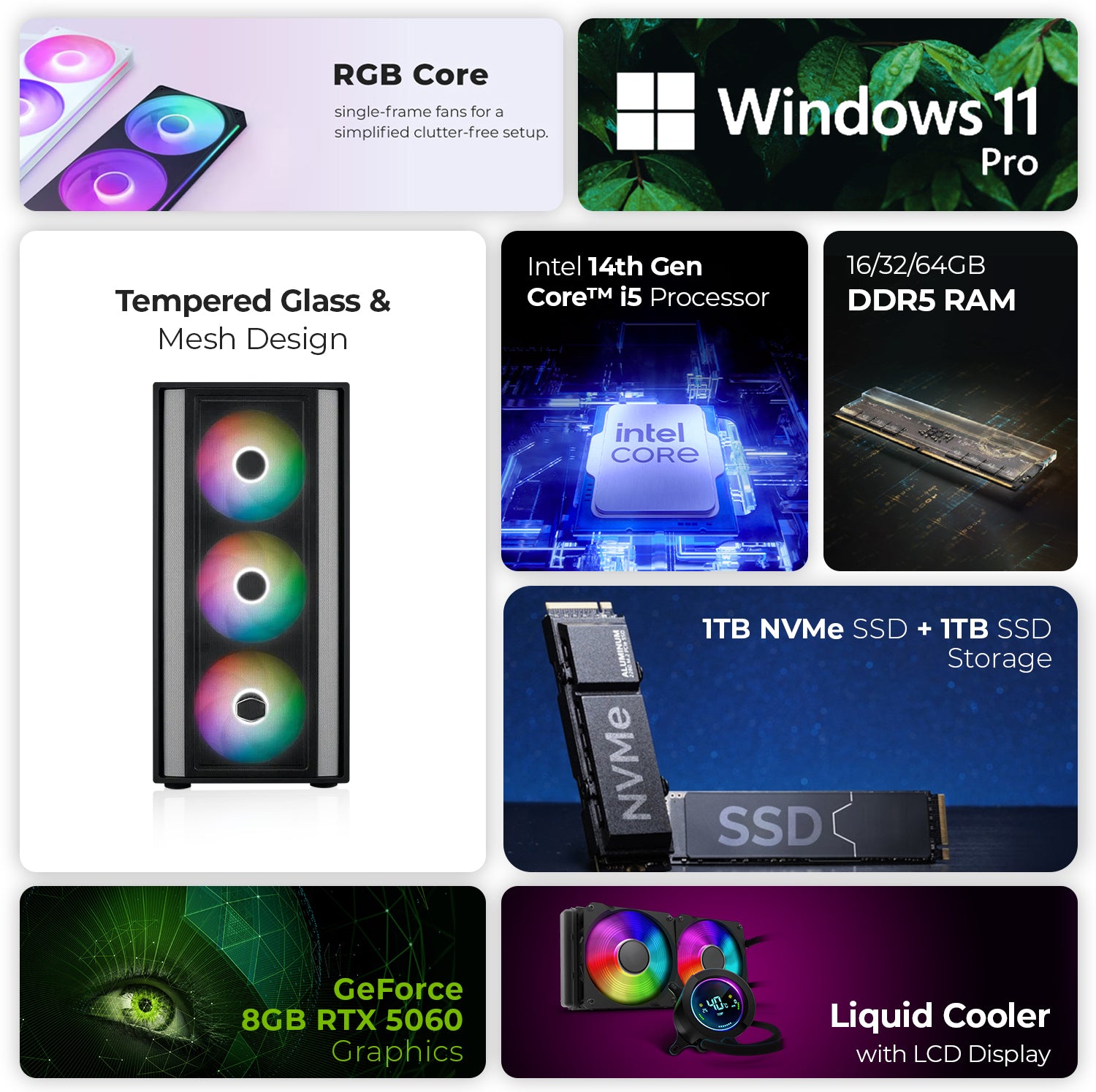 First Wave Nightstalker Gaming PC – Intel Core i5-14th Gen, RTX 5060 8GB, 16,32,64GB DDR5 6000MHz RGB, 1TB NVMe Gen4 SSD + 1TB SATA SSD, ASUS PRIME H610M-A WiFi DDR5, 240mm Liquid Cooler, 750W Modular PSU, Masterbox 600 Black Case