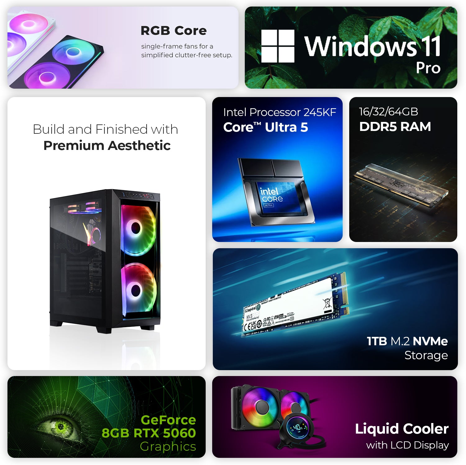 First Wave Synthwave Gaming PC – Intel Core Ultra 5 245KF, RTX 5060 8GB, 16,32,64GB DDR5 6000MHz, 1TB NVMe Gen4 SSD, 240mm Liquid Cooler, 750W Modular PSU, Mid Tower Gaming Case