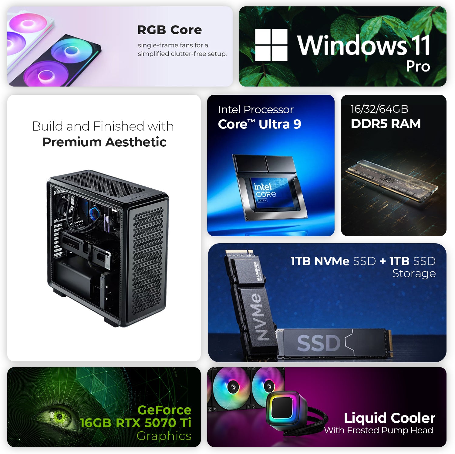First Wave Fallen Star Gaming PC, Intel Ultra 9 285K, RTX 5070 Ti  , 16,32,64GB DDR5 6000MHz RGB, 1TB NVMe Gen4 + 1TB SSD, 360mm Liquid Cooler, Modular PSU, Open-Frame Chassis