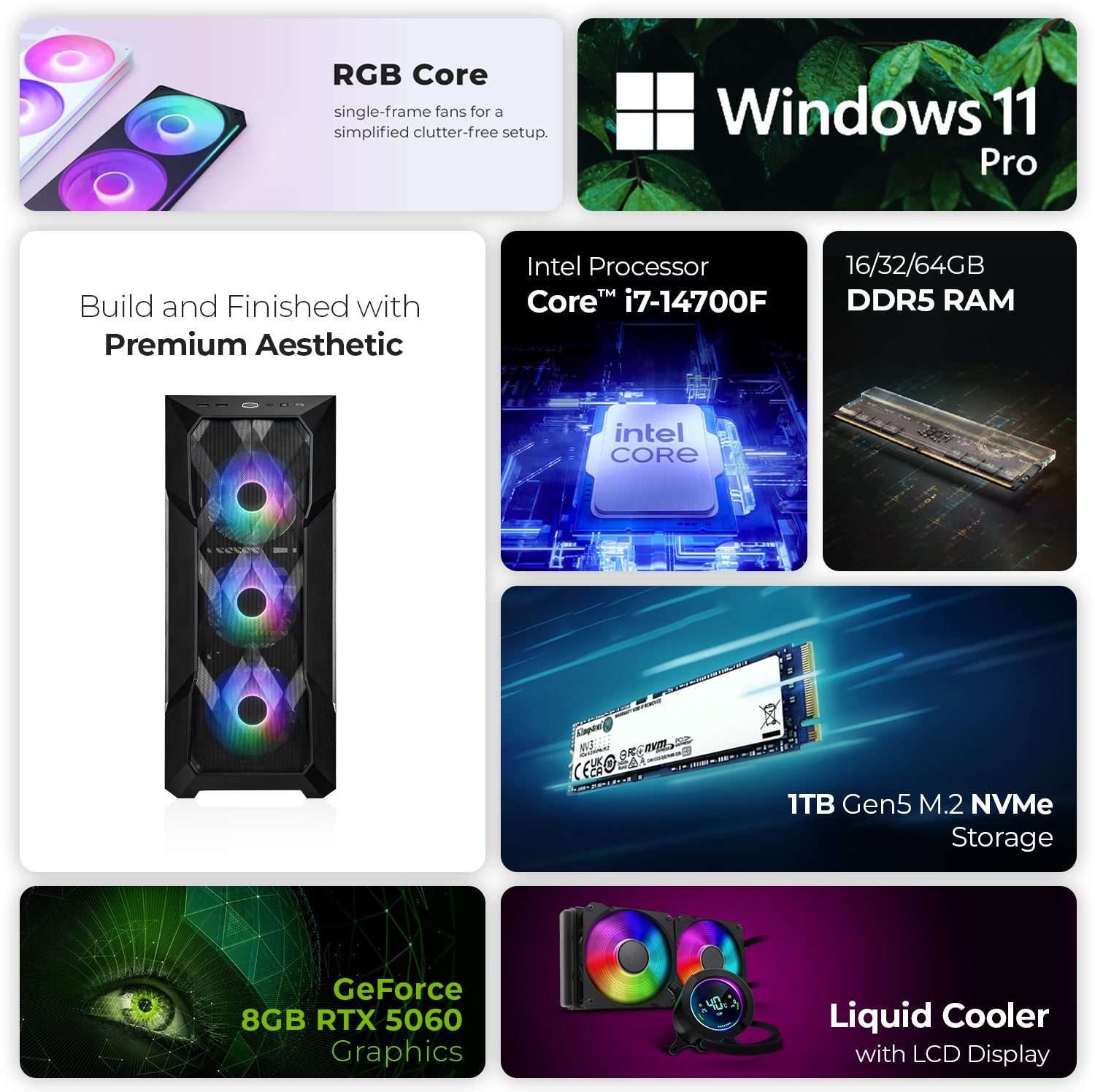 First Wave Stormcaller Gaming PC, Intel Core i7 14th Gen, RTX 5060 8GB,  16,32,64GB DDR5 RAM, 1TB NVMe Gen4 SSD, Liquid Cooled, High Airflow Case, 750W Modular PSU
