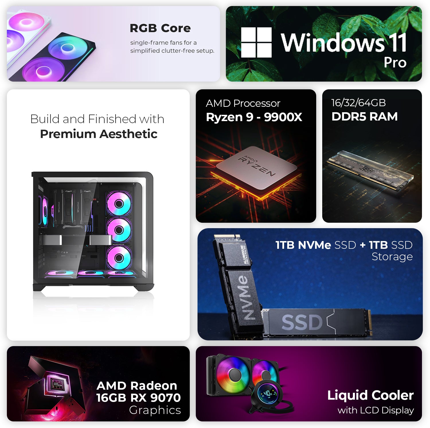 First Wave Vengeance Gaming PC – AMD Ryzen 9 9900X, 16,32,64GB DDR5,   RX 9070, 2TB Storage, 360mm Liquid Cooling, High-Performance RGB Gaming Rig