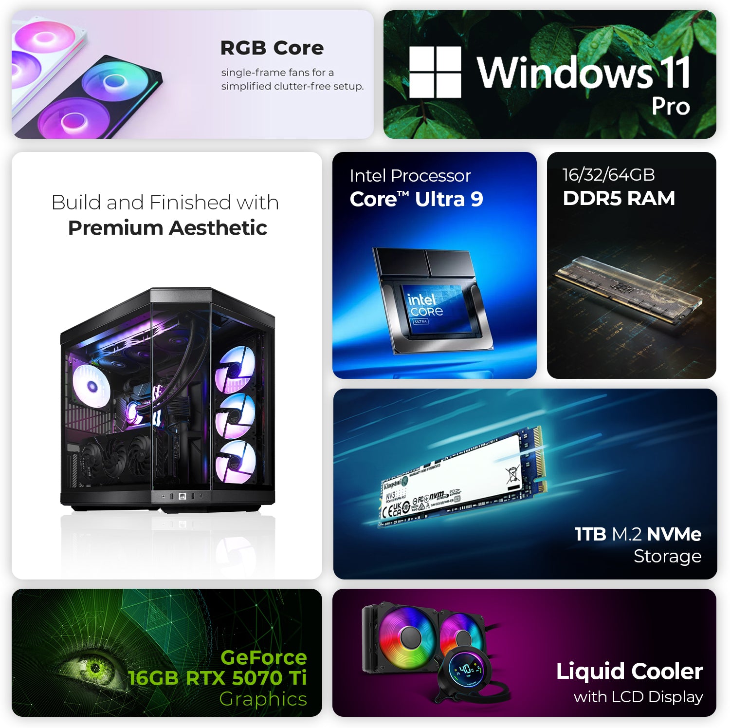 First Wave Dawnbreaker Gaming PC – Ultra 9 285K, RTX 5070 Ti, 16,32,64GB DDR5 6000MT/s, 1TB NVMe Gen4 SSD, 360mm Liquid Cooling, 850W Modular PSU, Premium Panoramic Case