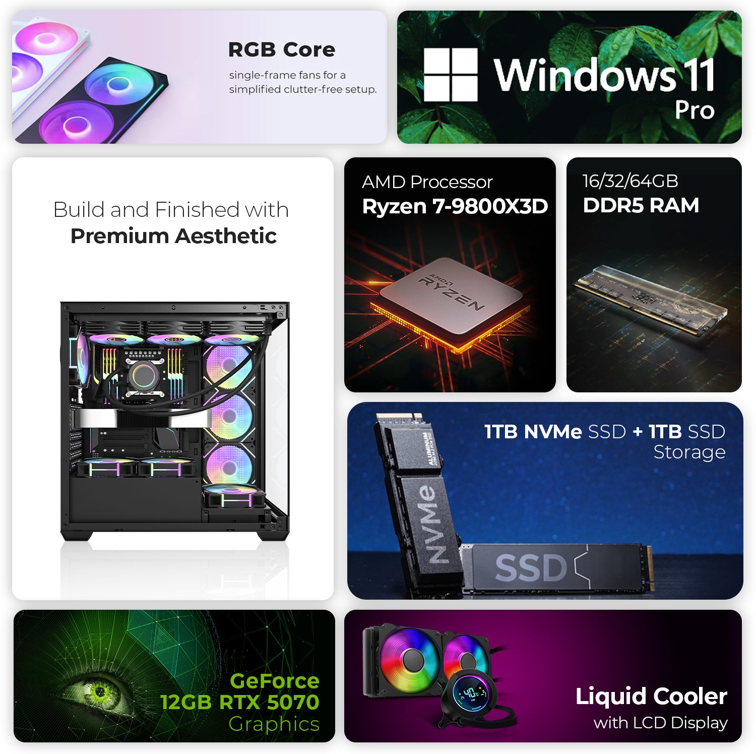 First Wave Stormcore-X Gaming PC, Ryzen™ 7 9800X3D, RTX™ 5070 12GB, 16,32,64GB DDR5 6000MHz RGB, 1TB NVMe Gen4 + 1TB SSD, 750W PSU, 360mm Liquid Cooling, WiFi, ATX Case
