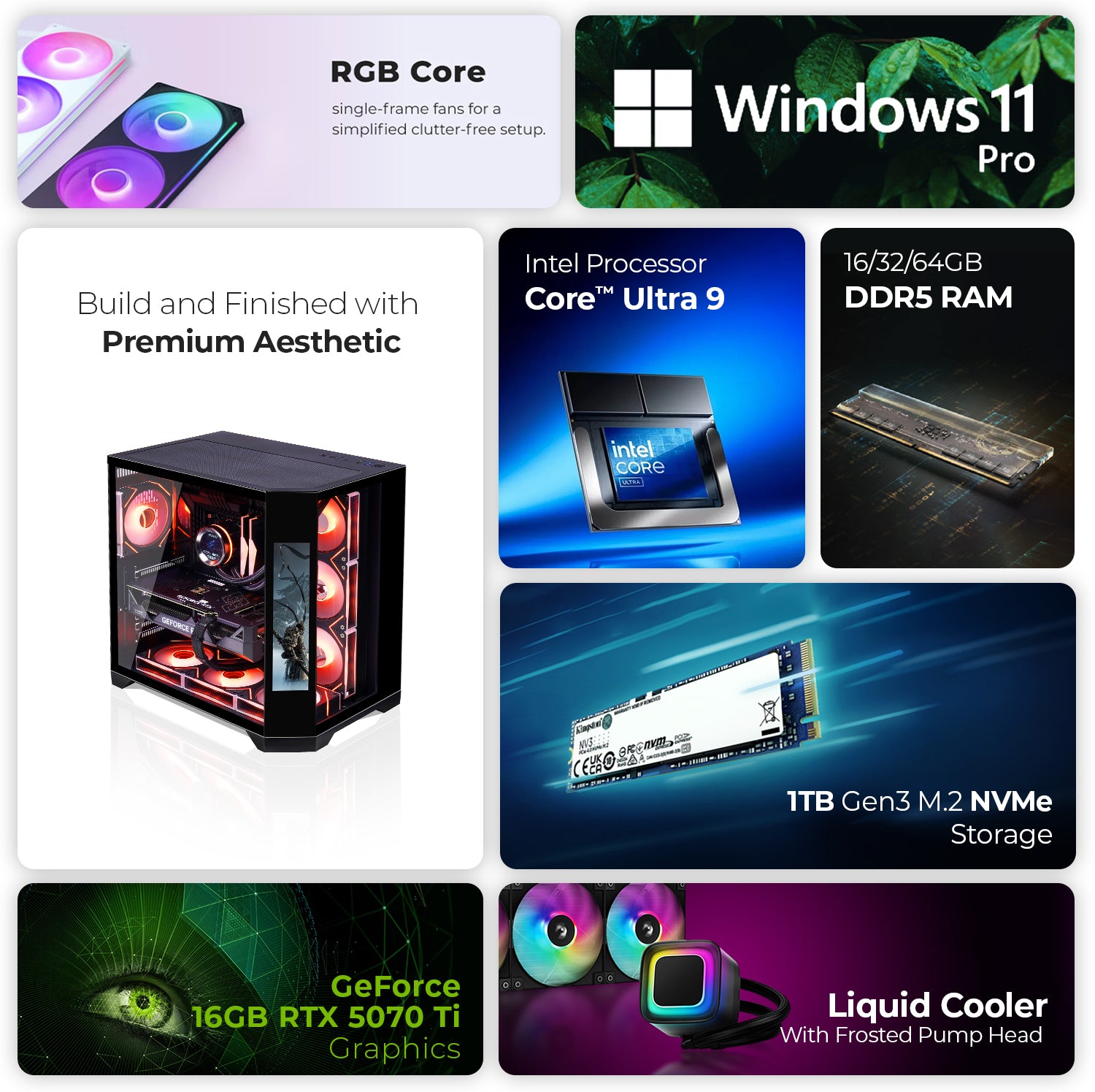 First Wave Eternal Gaming PC – Intel Core Ultra 9 285K, RTX 5070 Ti 12GB, 16,32,64GB DDR5 6000MHz, 1TB NVMe Gen4 SSD, 360mm Liquid Cooler, 850W Modular PSU, RGB Black Gaming Case