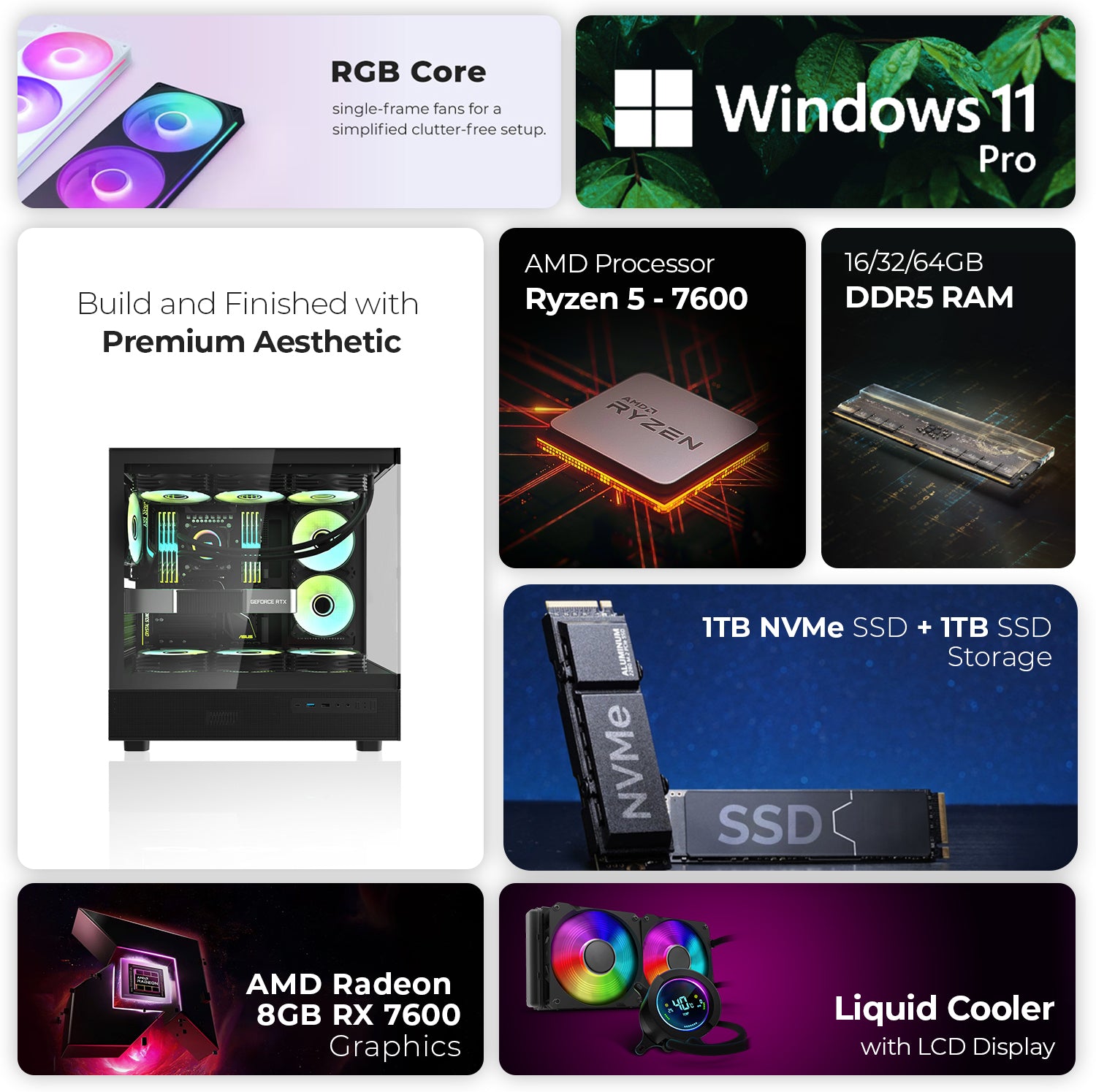 First Wave Dominion-X Gaming PC – Ryzen 5 7600 Desktop, RX 7600 8GB Graphics, 16,32,64GB DDR5 6000MT/s RAM, 1TB NVMe Gen4 SSD + 1TB SATA SSD, 240mm Liquid Cooler, 750W Modular PSU, ATX Gaming Case