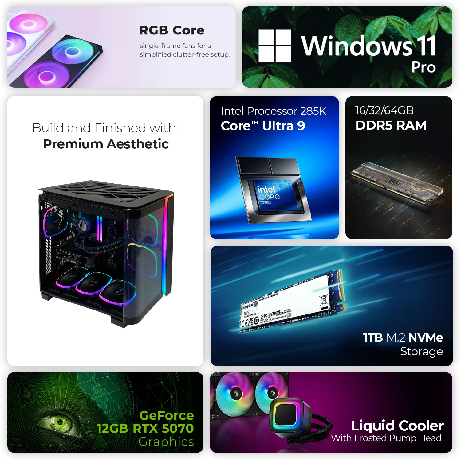 First Wave Shadow Protocol Gaming PC – Intel Core Ultra 9 285K, RTX 5070 12GB, 16,32,64GB DDR5 6000MHz, 1TB NVMe Gen4 SSD, 360mm Liquid Cooler, 850W Modular PSU, Black ATX Gaming Case