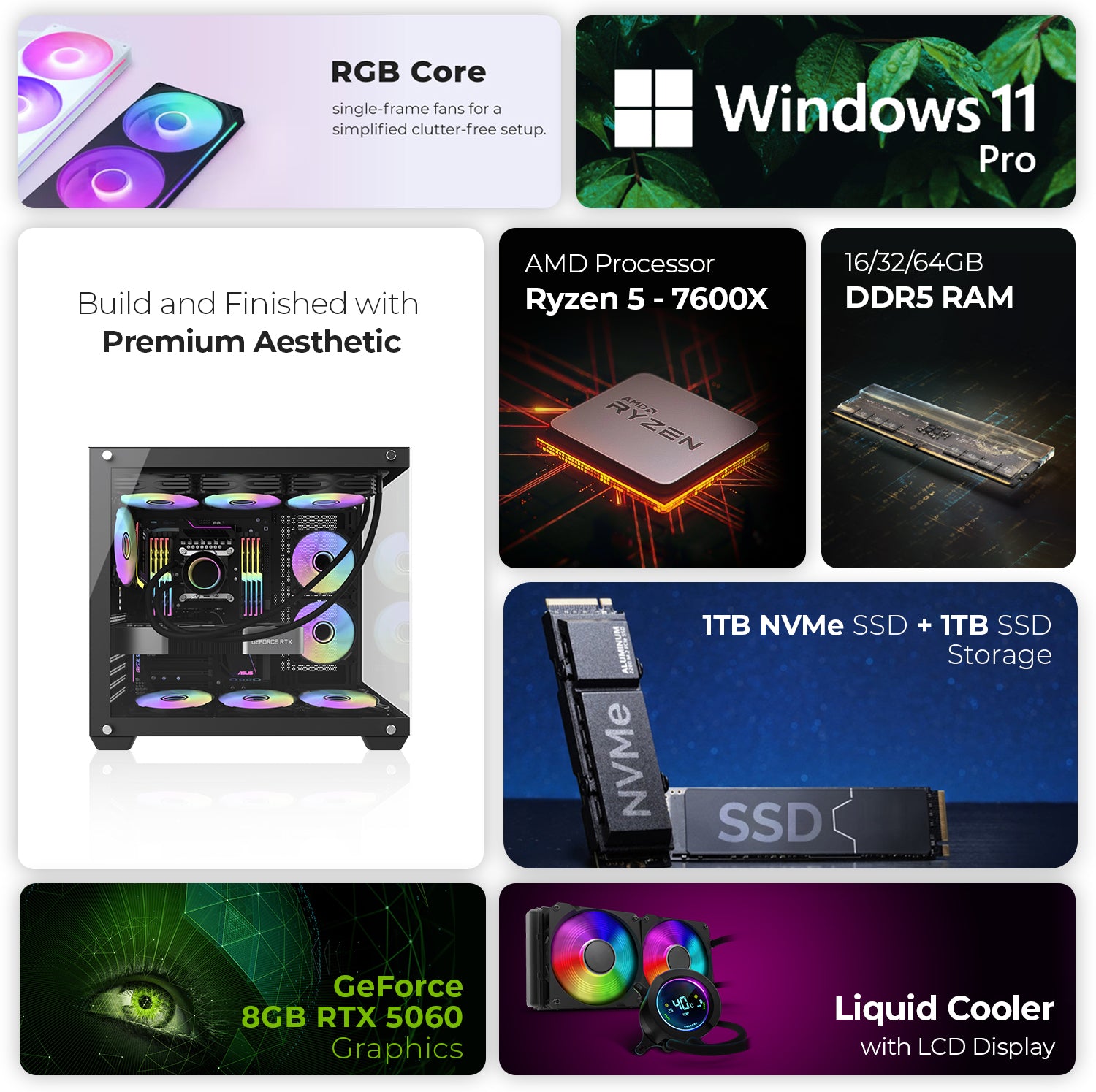 First Wave Odyssey Gaming PC – Ryzen 5 7600X Desktop, RTX 5060 8GB Graphics, 16,32,64GB DDR5 6000MT/s RAM, 1TB Gen4 NVMe SSD + 1TB SATA SSD, 240mm Liquid Cooler, 750W Modular PSU, Dual-Glass ARGB Gaming Case