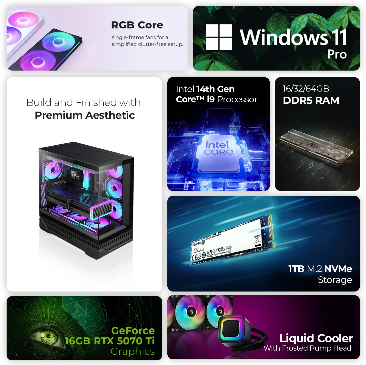 First Wave Warcry Gaming PC – Intel Core i9-14th Gen, RTX 5070 Ti 8GB, 16,32,64GB DDR5 6000MHz, 1TB NVMe Gen4 SSD, 360mm Liquid Cooler, Fully Modular PSU, Black/White Gaming Case