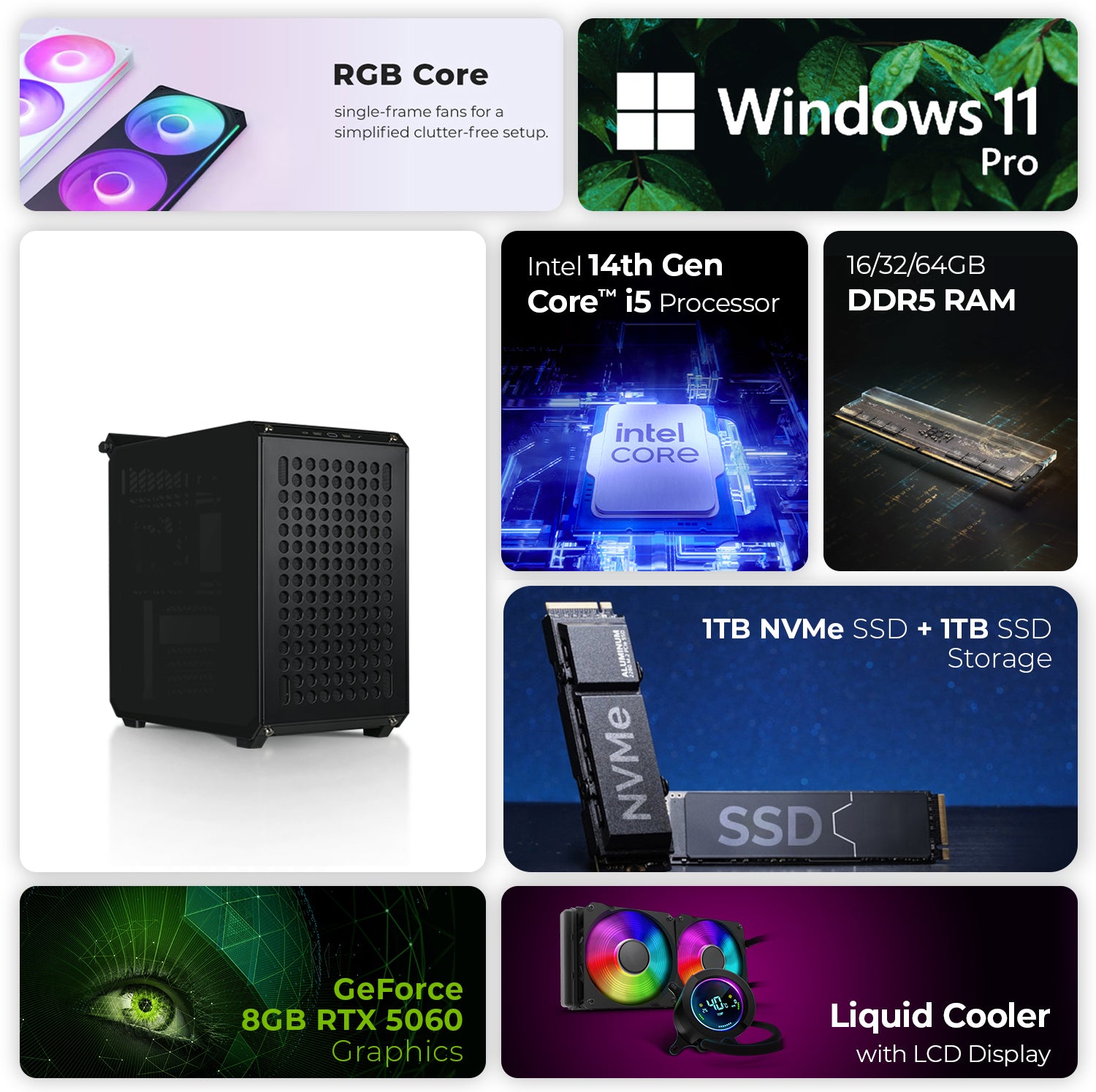 First Wave Carnage Gaming PC – Intel Core i5-14th Gen, RTX 5060 8GB, 16,32,64GB DDR5 6000MHz, 1TB NVMe Gen4 SSD + 1TB SATA SSD, 240mm Liquid Cooler, 750W Modular PSU, Full View Mid Tower Case (Black)