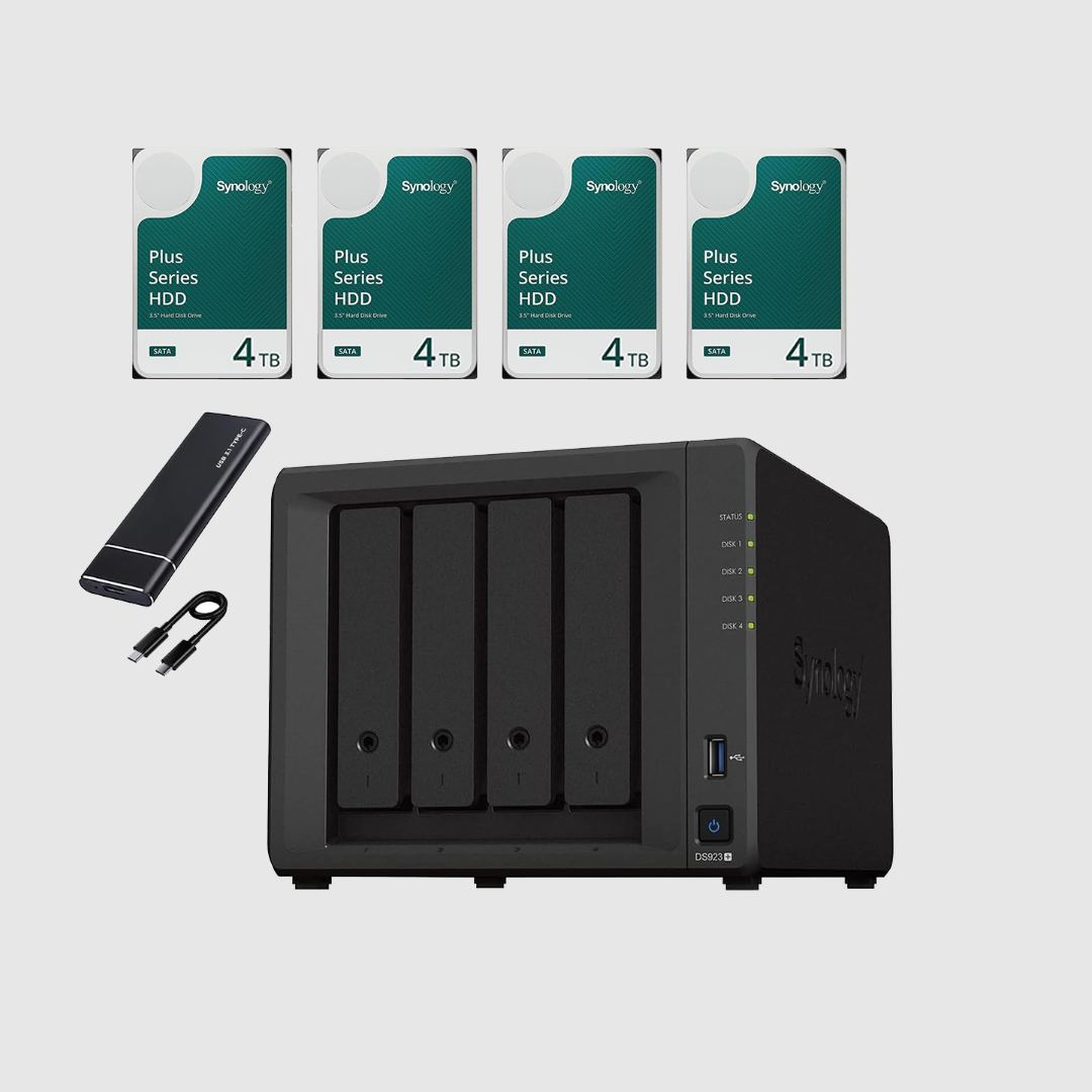 Synology DS923+ NAS Server Bundle 4 Bay (16GB RAM, 16TB Storage) - 4x4TB Synology NAS HDDs, High-Performance Desktop Network Storage Device - Includes External SSD 512GB