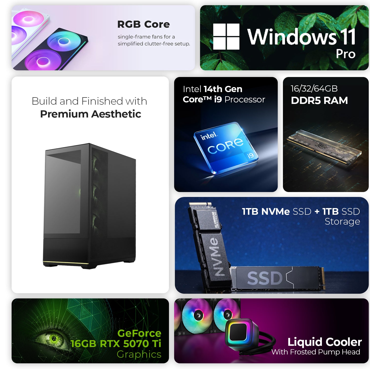 First Wave Chaos Gaming PC – Intel Core i9-14th Gen, RTX 5070 Ti 8GB, 16,32,64GB DDR5 6000MHz, 1TB NVMe Gen4 SSD, 360mm Liquid Cooler, 850W Fully Modular PSU, Mid Tower Black Gaming Case
