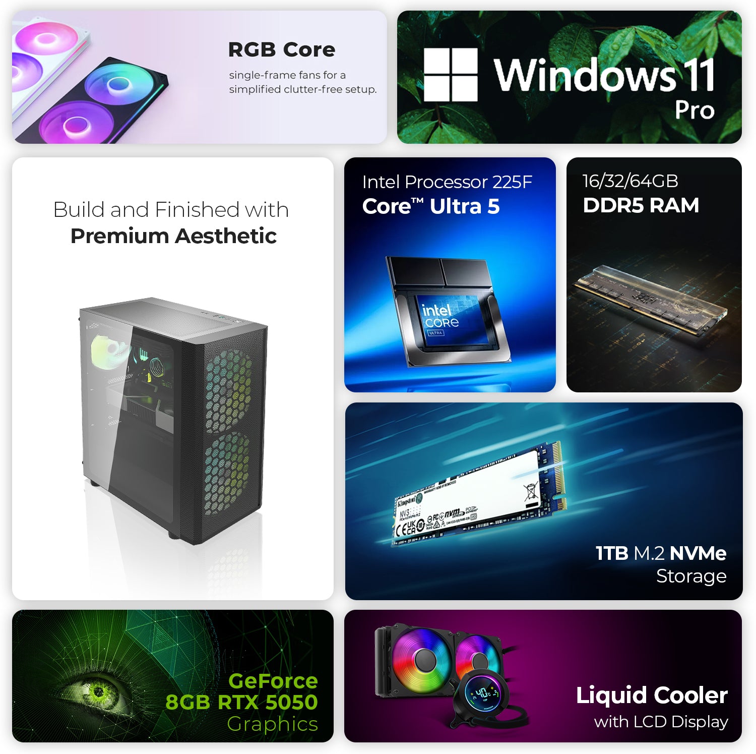First Wave Ravencore Gaming PC – Intel Core Ultra 5 225F, RTX 5050 8GB, 16,32,64GB DDR5 6000MHz, 1TB NVMe Gen4 SSD, 240mm Liquid Cooler, 750W Modular PSU, ATX Meshed Front Panel Gaming Case