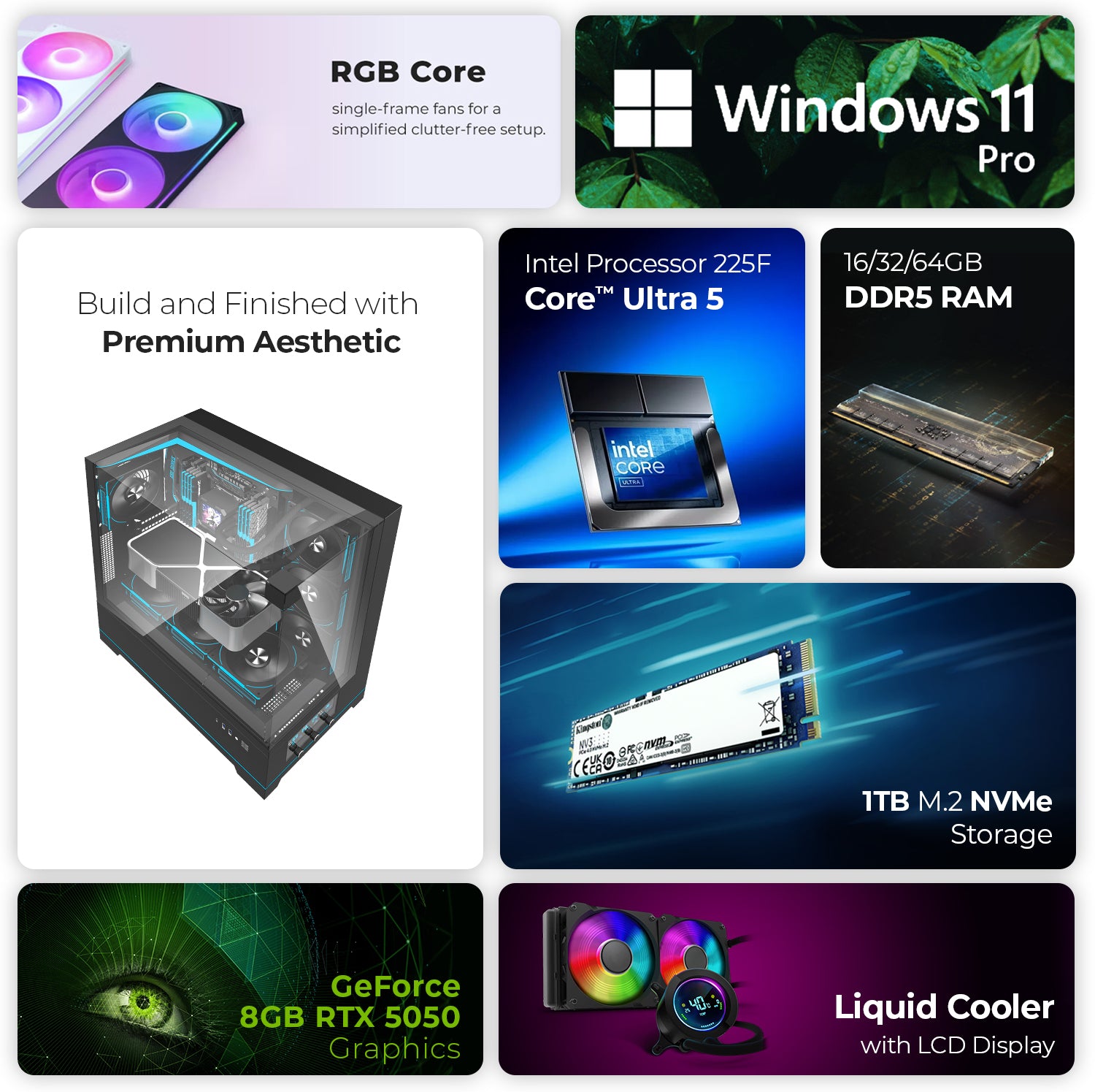 First Wave TechnoPulse Gaming PC – Intel Core Ultra 5 225F, RTX 5050 8GB, 16,32,64GB DDR5 6000MHz, 1TB NVMe Gen4 SSD + 1TB SATA SSD, 240mm Liquid Cooler, 750W Modular PSU, Black/White Gaming Case