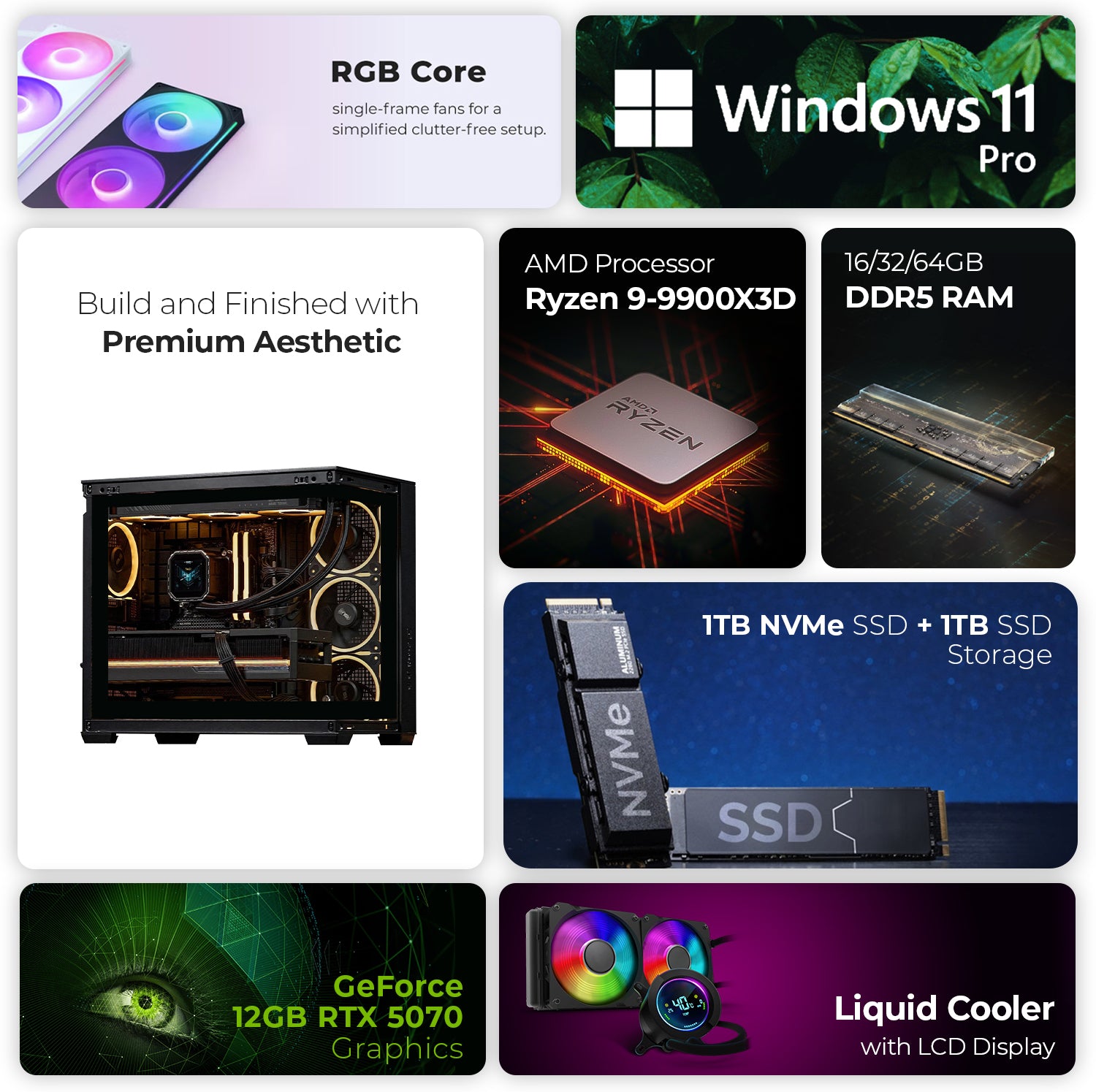 First Wave Overstrike Gaming PC – AMD Ryzen 9 9900X3D, 16,32,64GB DDR5, 12GB RTX 5070, 2TB Storage, 360mm Liquid Cooling, High-Performance RGB Gaming Rig