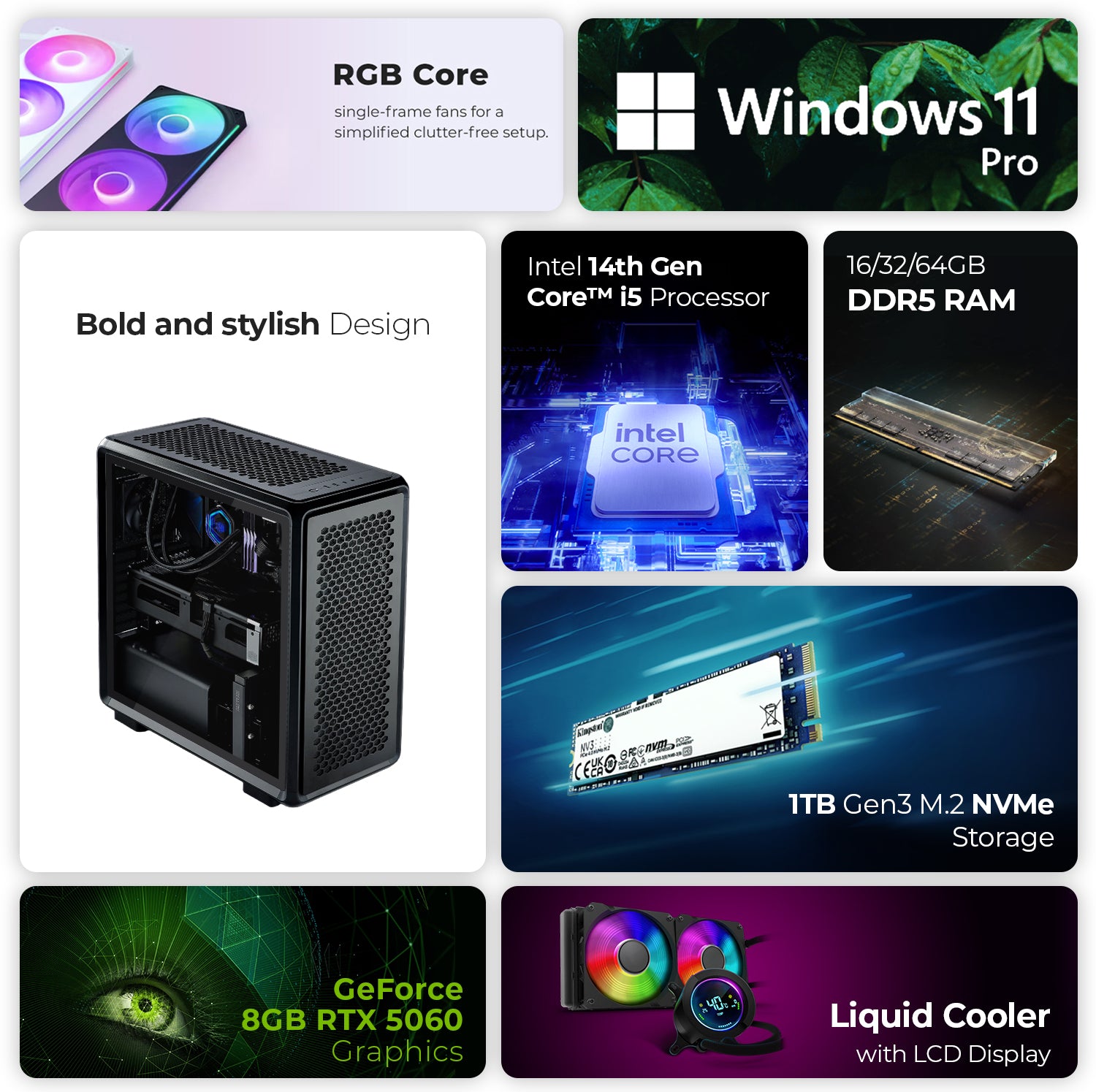 First Wave Ironclad Gaming PC – Intel Core i5-14th Gen, RTX 5060 8GB, 16,32,64GB DDR5 6000MHz RGB, 1TB NVMe Gen4 SSD, ASUS PRIME B760M-A WiFi, 240mm Liquid Cooler, 750W Modular PSU, XPG Starker Black Mid-Tower Case