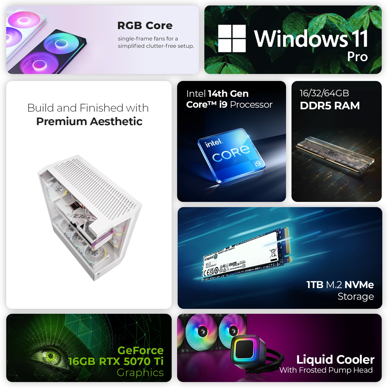 First Wave Frostburn Gaming PC – Intel Core i9-14th Gen, RTX 5070 Ti 8GB, 16,32,64GB DDR5 6000MHz, 1TB NVMe Gen4 SSD, 360mm Liquid Cooler, 850W Fully Modular PSU, White Tower Gaming Case