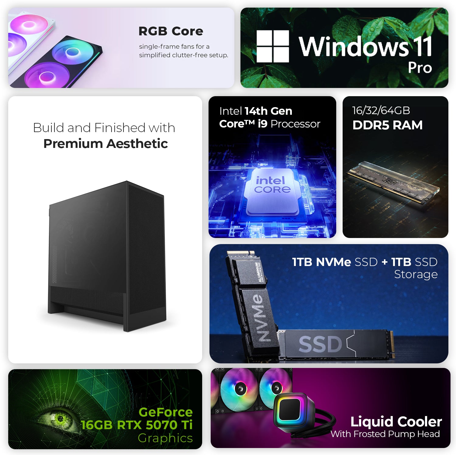 First Wave Hexcore Gaming PC – Intel Core i9-14th Gen, RTX 5070 Ti 8GB, 16,32,64GB DDR5 6000MHz, 1TB NVMe Gen4 SSD + 1TB SATA SSD, 360mm Liquid Cooler, 850W Fully Modular PSU, All-Black RGB Gaming Case