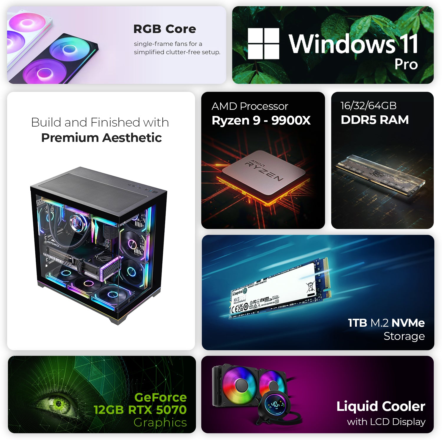First Wave Rampage-X Gaming PC – AMD Ryzen 9 9900X, 16,32,64GB DDR5, 12GB RTX 5070, 1TB NVMe SSD, 360mm Liquid Cooling, High-Performance RGB Gaming Rig