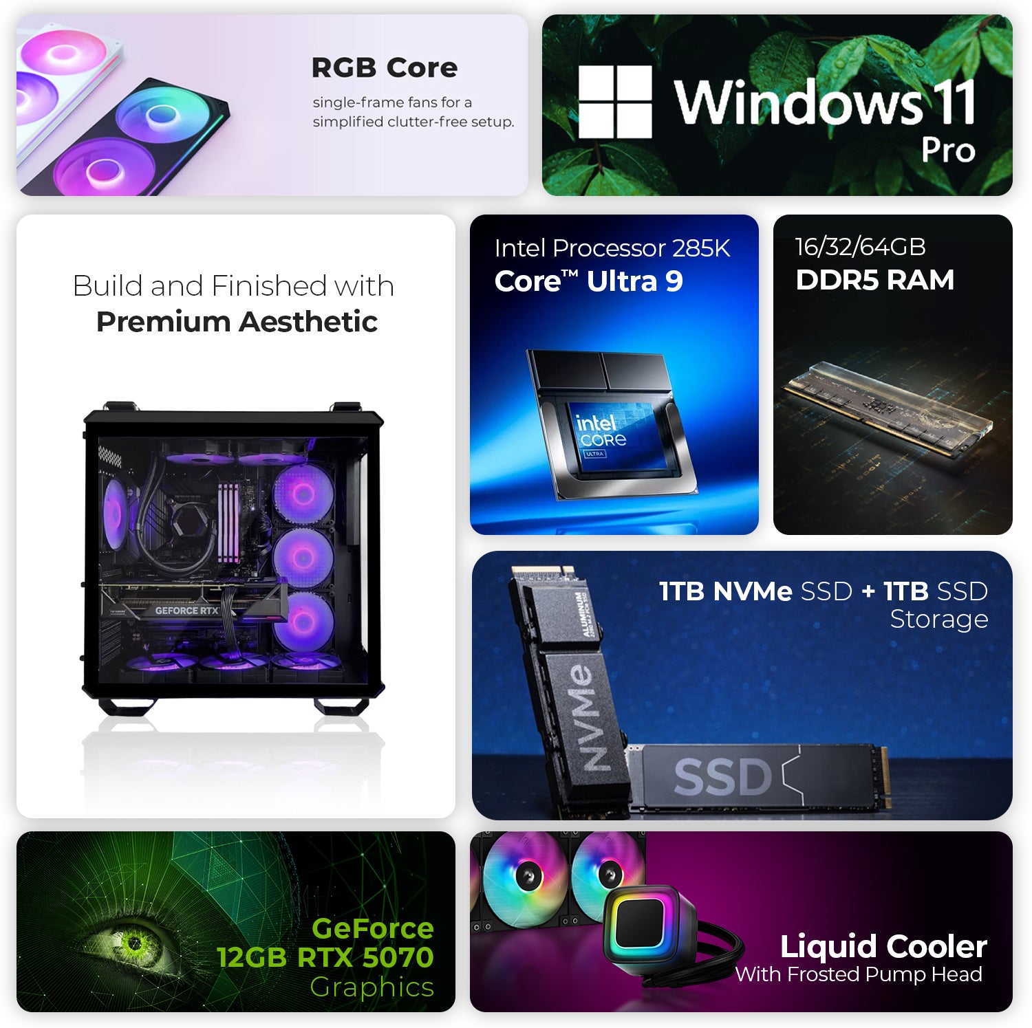 First Wave Arcadia Gaming PC – Intel Core Ultra 9 285K, RTX 5070 12GB, 16,32,64GB DDR5 6000MHz, 1TB NVMe Gen4 SSD + 1TB SATA SSD, 360mm Liquid Cooler, 850W Modular PSU, ARGB Black Mid-Tower Gaming Case