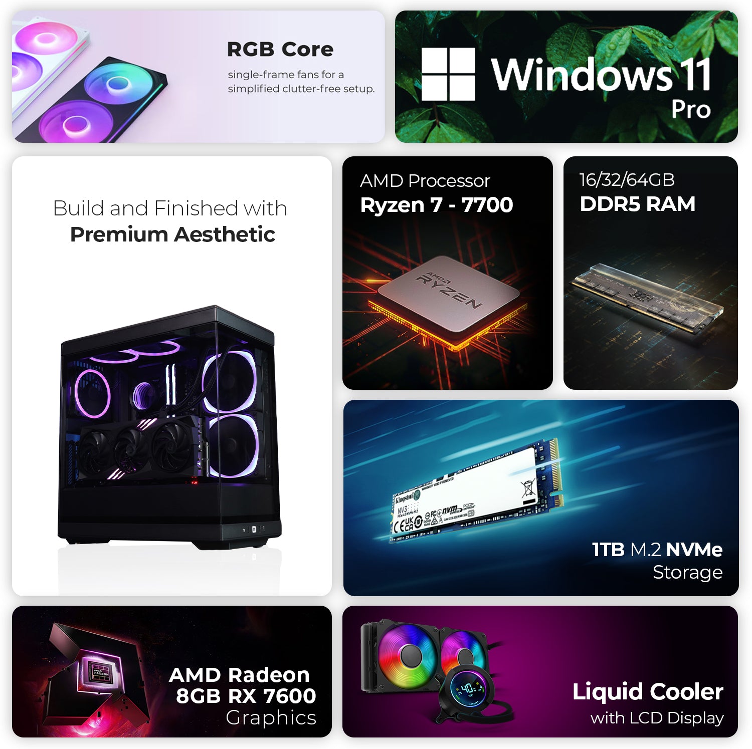 First Wave Reaper Gaming PC – Ryzen 7 7700 Desktop, RX 7600 8GB GPU, 16,32,64GB DDR5 6000MT/s RAM, 1TB NVMe Gen4 SSD, 360mm Liquid Cooler, 750W Modular PSU, HYTE Y40 Tempered Glass Case