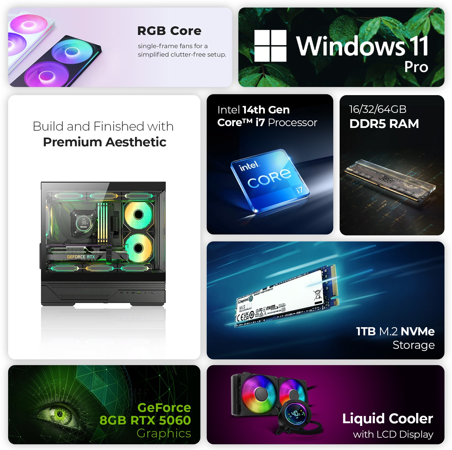 First Wave Nitro Wolf Gaming PC – Intel Core i7 14th Gen, RTX 5060 8GB, 16,32,64GB DDR5 6000MHz, 1TB NVMe Gen4 SSD, 240mm Liquid Cooler, 750W Modular PSU, Black Gaming Case