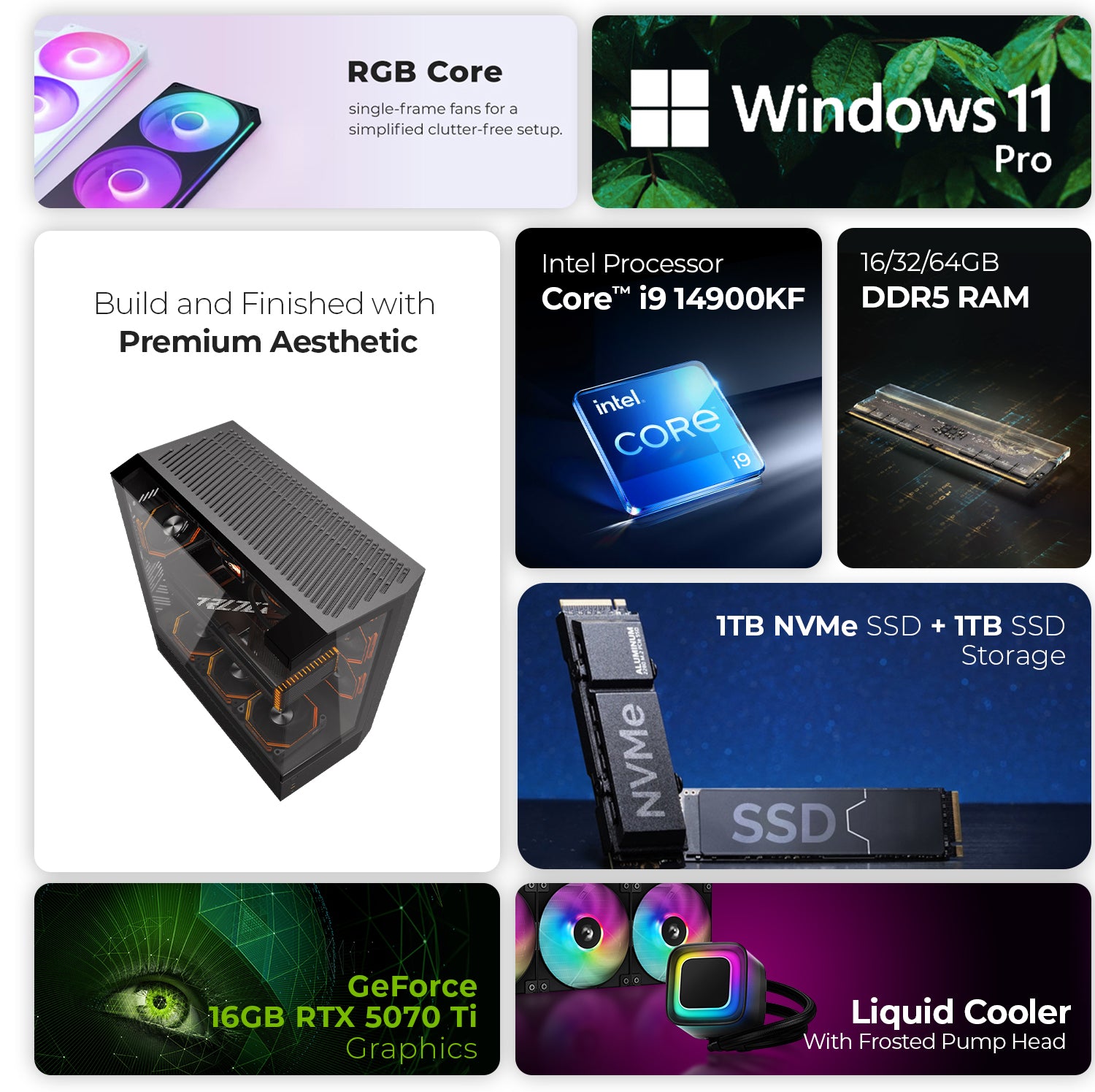 First Wave Shadowbite Gaming PC – Intel Core i9-14th Gen, RTX 5070 Ti 8GB, 16,32,64GB DDR5 6000MHz, 1TB NVMe Gen4 SSD + 1TB SATA SSD, 360mm Liquid Cooler, 850W Fully Modular PSU, Black/Red Tower Gaming Case