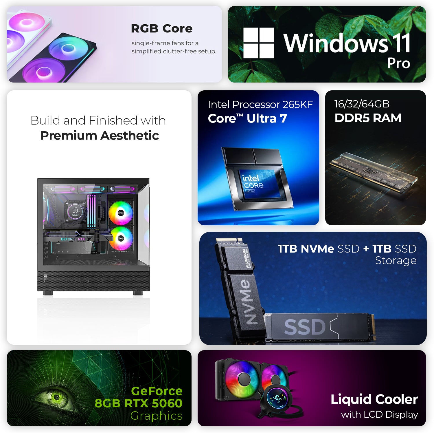 First Wave HoloStream Gaming PC – Intel Core Ultra 7 265KF, RTX 5060 8GB, 16,32,64GB DDR5 6000MHz, 1TB NVMe Gen4 SSD + 1TB SATA SSD, 240mm Liquid Cooler, 750W Modular PSU, Mid-Tower ARGB Gaming Case