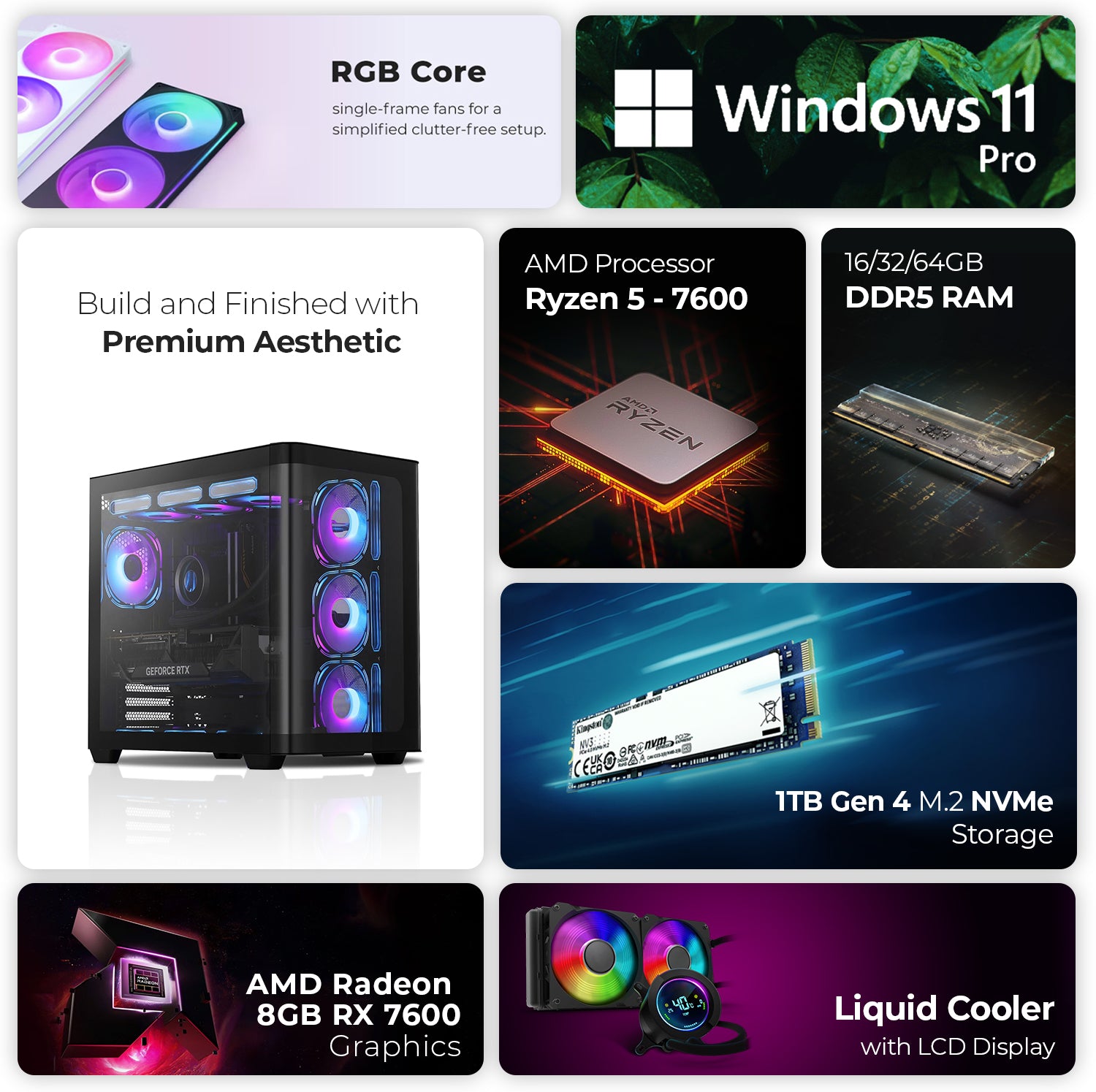 First Wave Celestial Core Gaming PC – Ryzen 5 7600 Desktop, RX 7600 8GB Graphics, 16,32,64GB DDR5 6000MT/s RAM, 1TB NVMe Gen4 SSD, 240mm Liquid Cooler, 750W Modular PSU, ATX Gaming Case