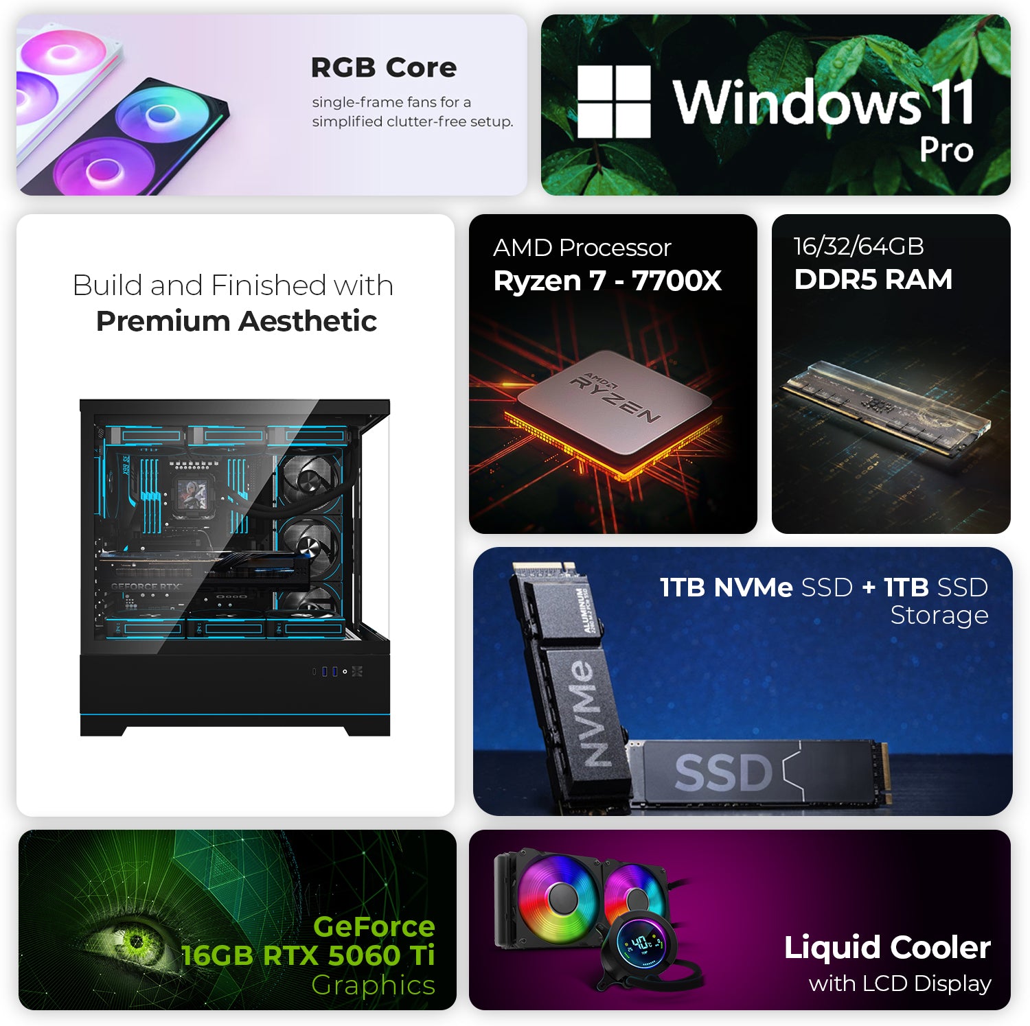 First Wave Razorstorm Gaming PC – Ryzen 7 7700X Desktop, RTX 5060 Ti   GPU, 16,32,64GB DDR5 6000MT/s RAM, 1TB NVMe Gen4 SSD + 1TB SATA SSD, 360mm Liquid Cooling, 750W Modular PSU, Tempered Glass ATX Case